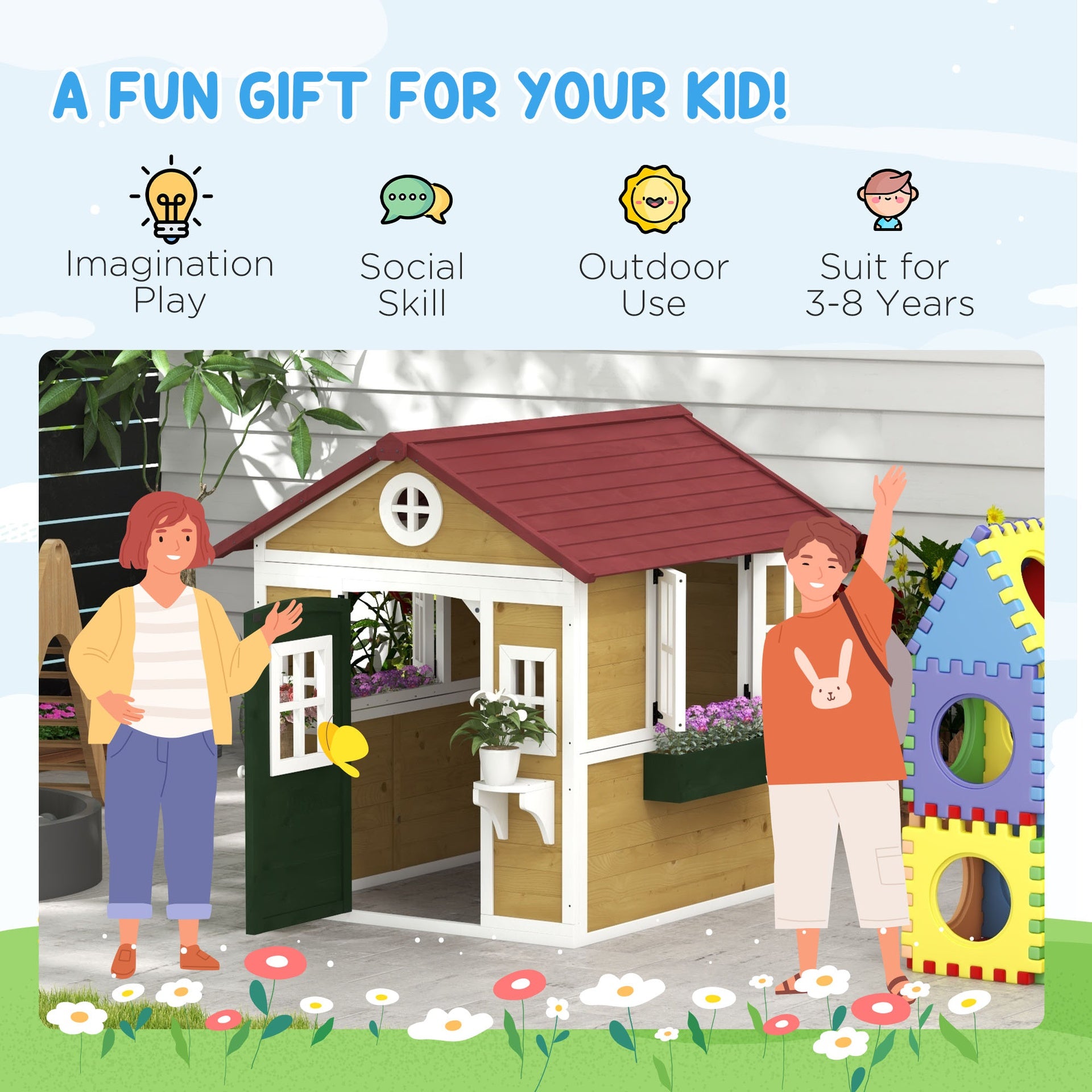 Outsunny Wooden Playhouse for Kids Outdoor with Doors, Windows, Planter Pots and Boxes for Toddlers 3-8 Years, Beige
