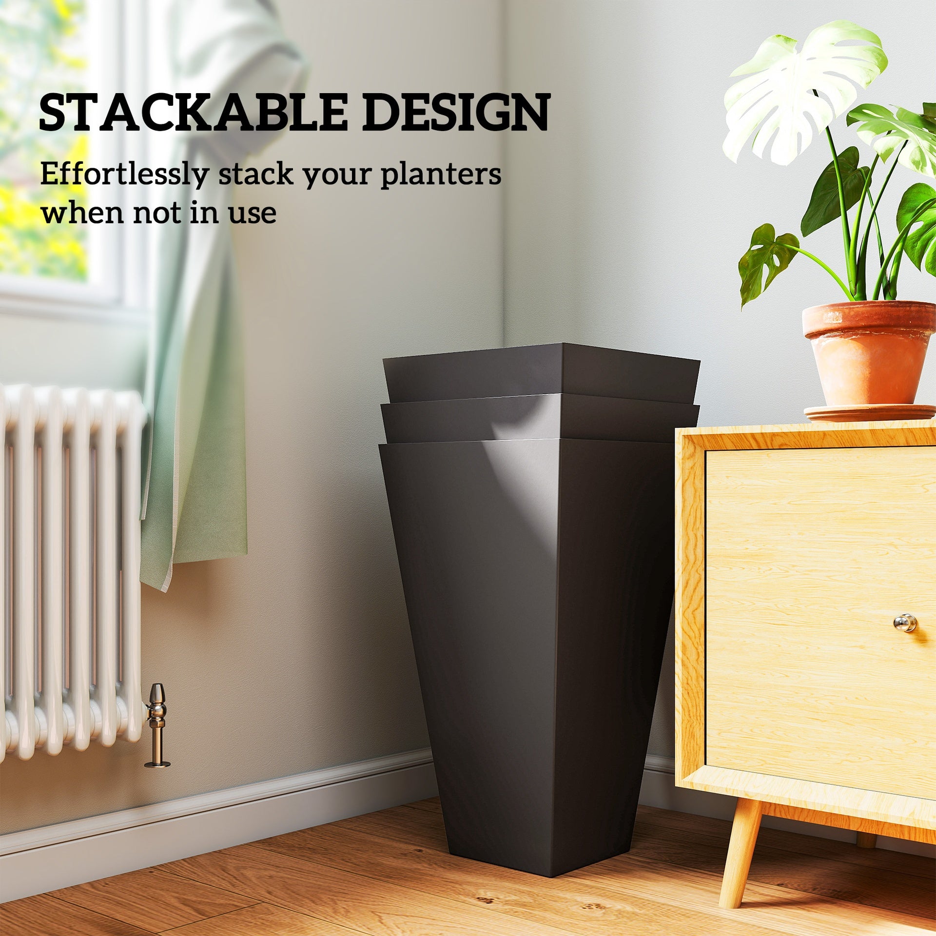 Outsunny 28ft Tall Plastic Planters, Set of 3, Flower Pot, anti-crack, fade-resistant, square shape with a matte surface, Outdoor & Indoor, for lawns, patios, yards, Brown