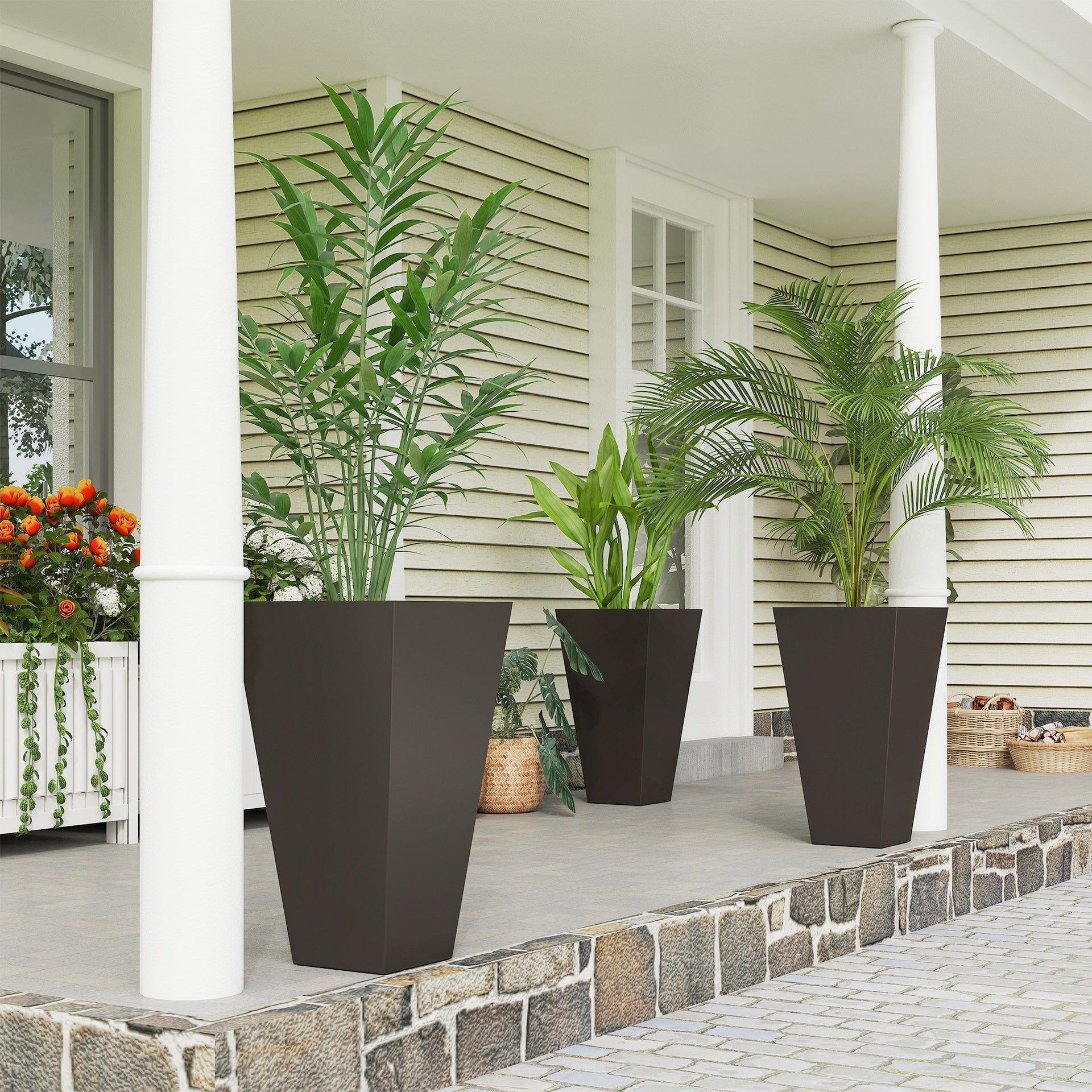 Outsunny 28ft Tall Plastic Planters, Set of 3, Flower Pot, anti-crack, fade-resistant, square shape with a matte surface, Outdoor & Indoor, for lawns, patios, yards, Brown