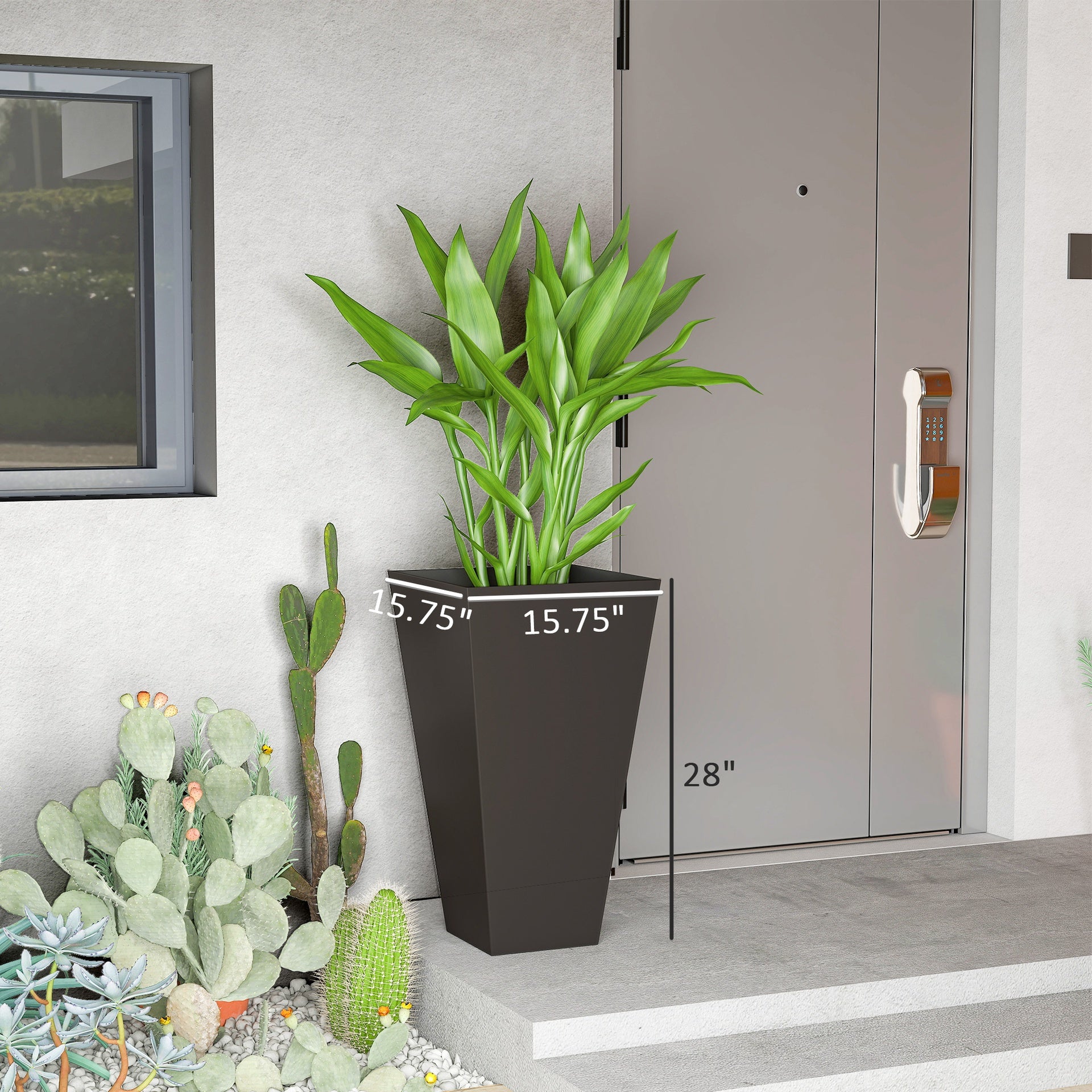Outsunny 28ft Tall Plastic Planters, Set of 3, Flower Pot, anti-crack, fade-resistant, square shape with a matte surface, Outdoor & Indoor, for lawns, patios, yards, Brown