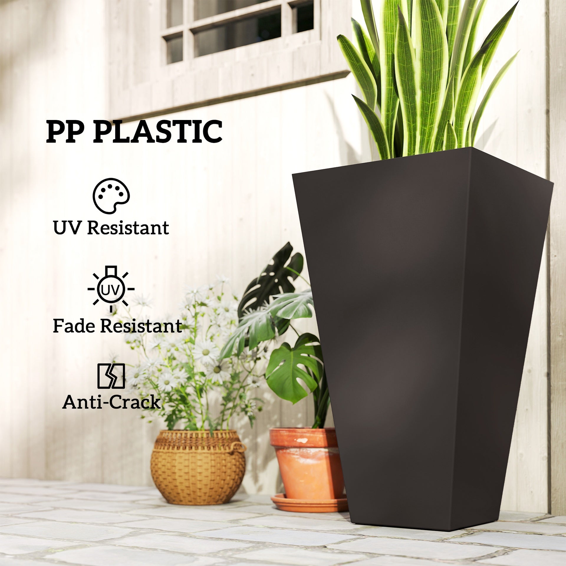 Outsunny 28ft Tall Plastic Planters, Set of 3, Flower Pot, anti-crack, fade-resistant, square shape with a matte surface, Outdoor & Indoor, for lawns, patios, yards, Brown