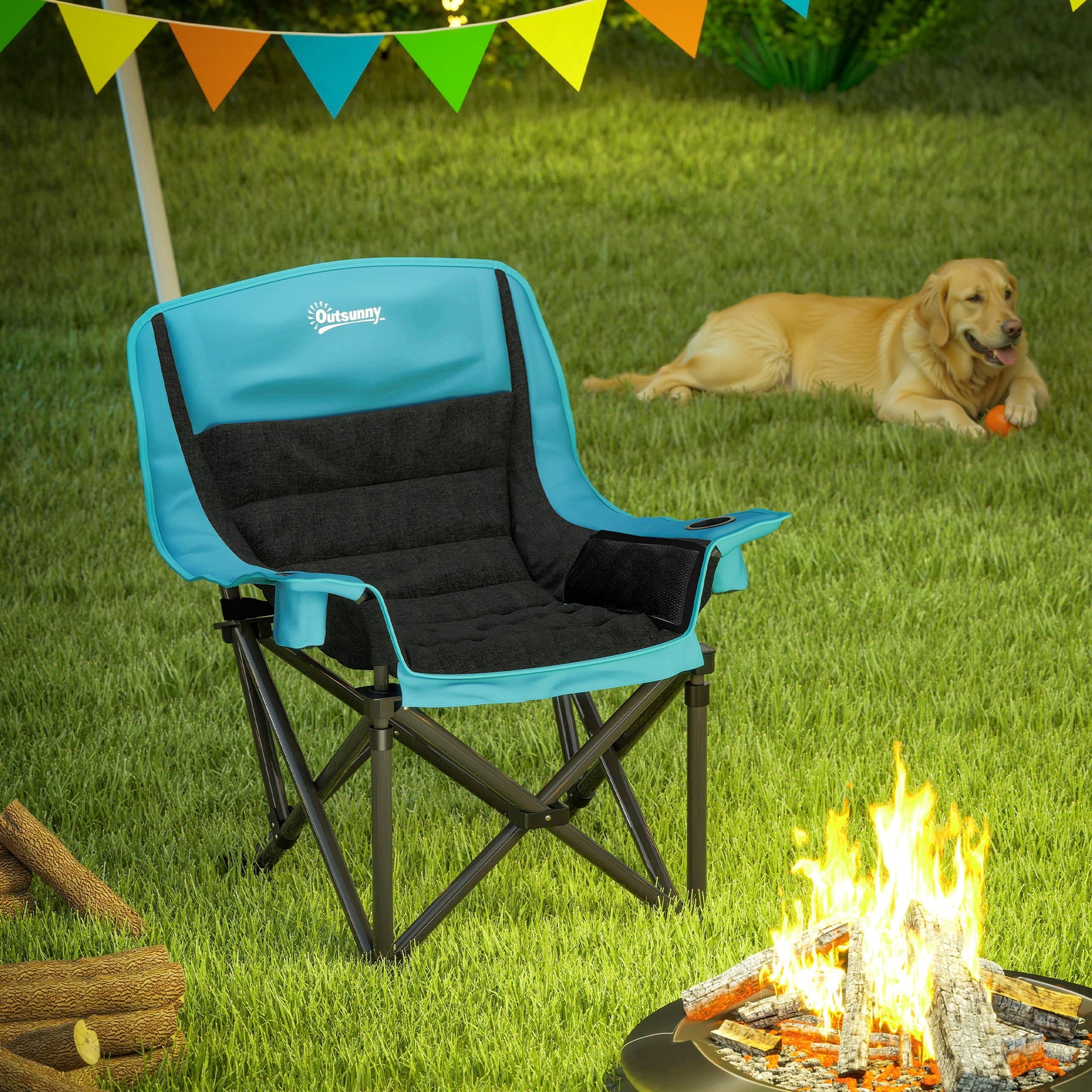 Outsunny Camping Chair for Adults, Portable Folding Camping Chair w/ Side Pockets, Cup Holders, Carry Bag, Green and Black