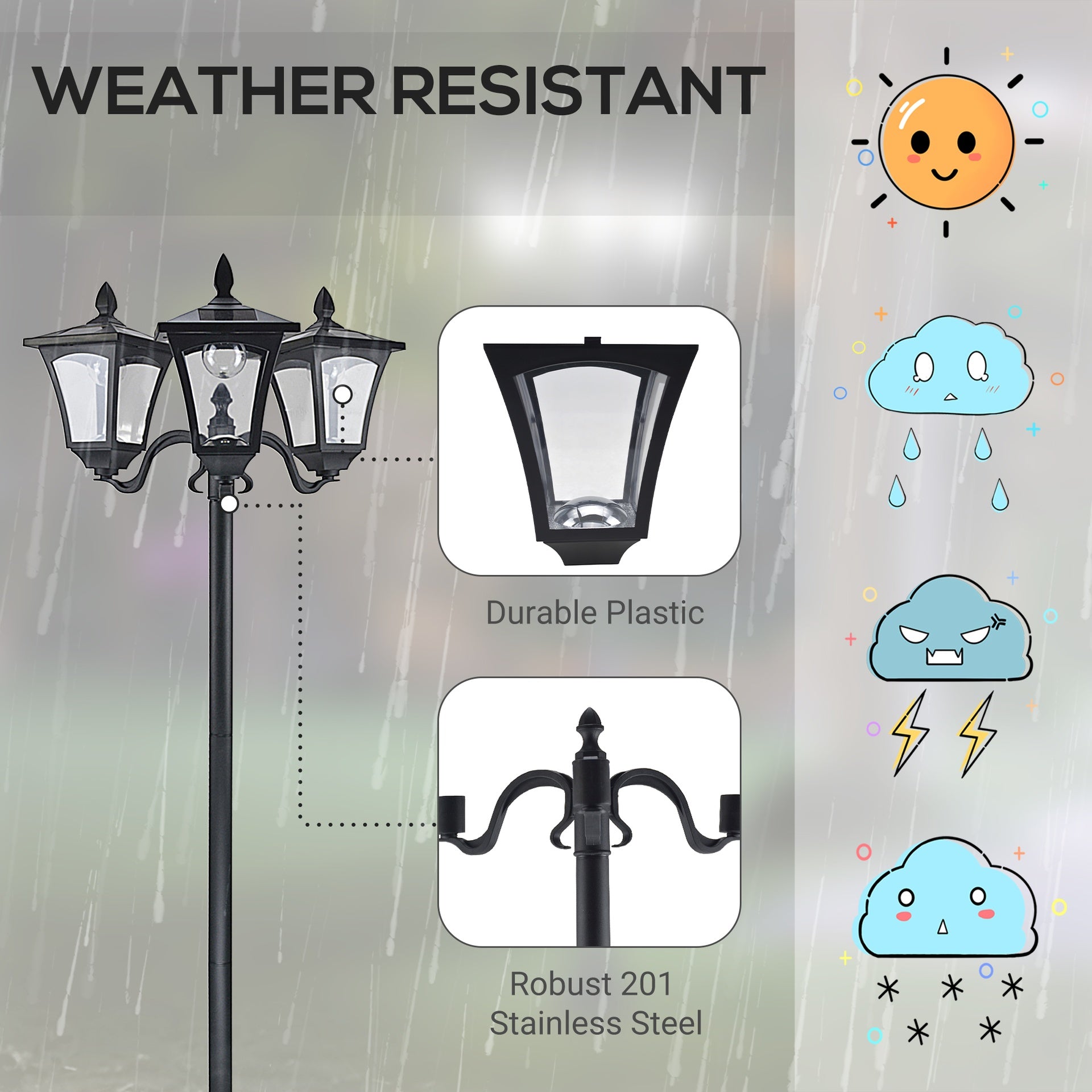 Outsunny Outdoor Lamp Post Lights, Triple Head Solar Powered Lamp, Street Vintage Solar Post Lamp, for Backyard, Garden Pathway, Driveway, 72 Inches
