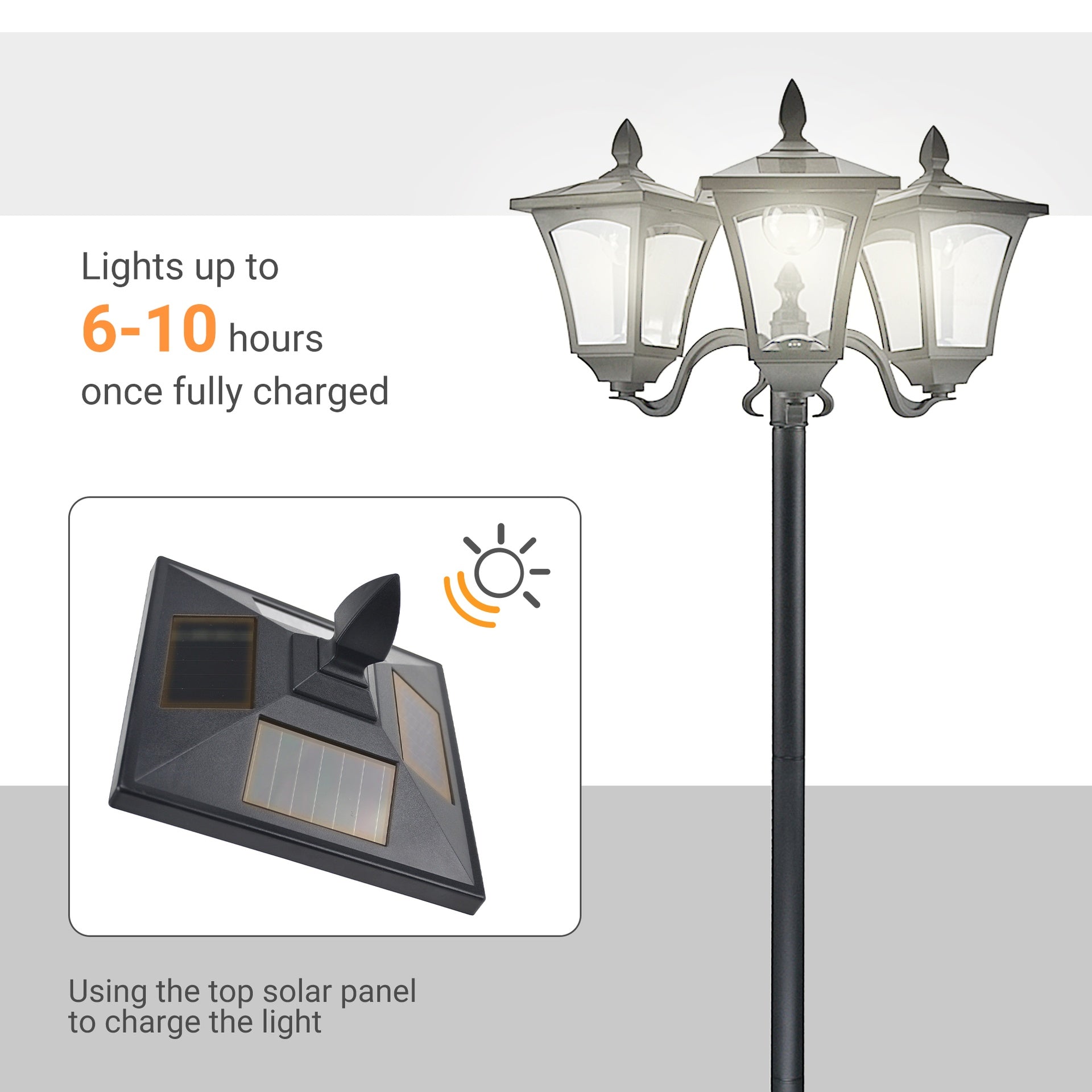 Outsunny Outdoor Lamp Post Lights, Triple Head Solar Powered Lamp, Street Vintage Solar Post Lamp, for Backyard, Garden Pathway, Driveway, 72 Inches