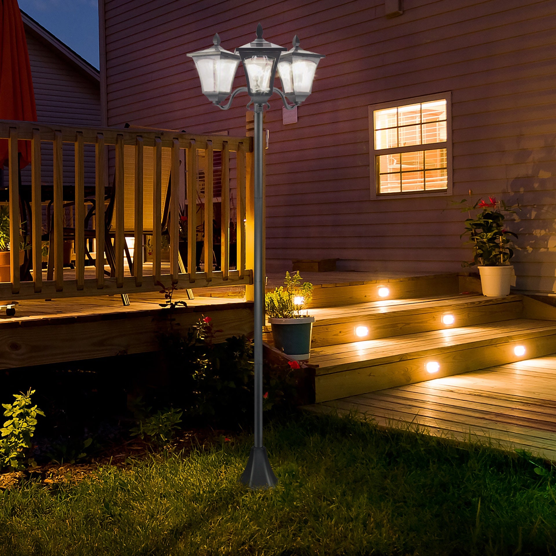 Outsunny Outdoor Lamp Post Lights, Triple Head Solar Powered Lamp, Street Vintage Solar Post Lamp, for Backyard, Garden Pathway, Driveway, 72 Inches