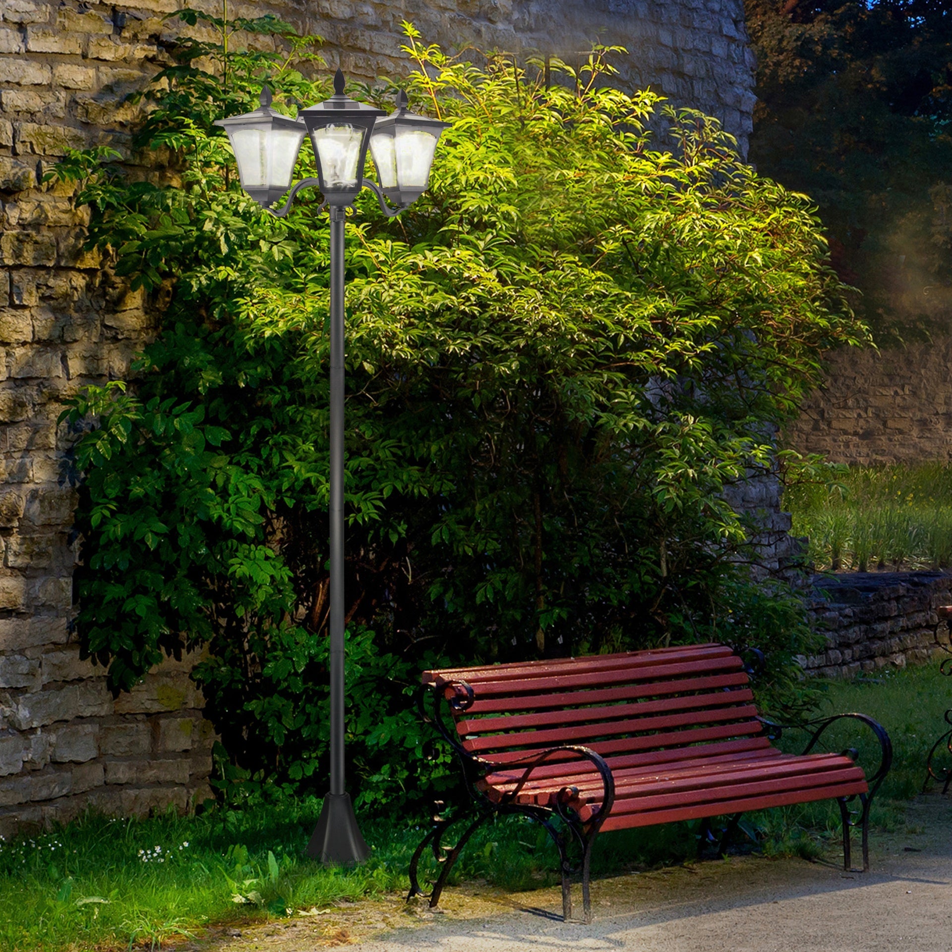 Outsunny Outdoor Lamp Post Lights, Triple Head Solar Powered Lamp, Street Vintage Solar Post Lamp, for Backyard, Garden Pathway, Driveway, 72 Inches