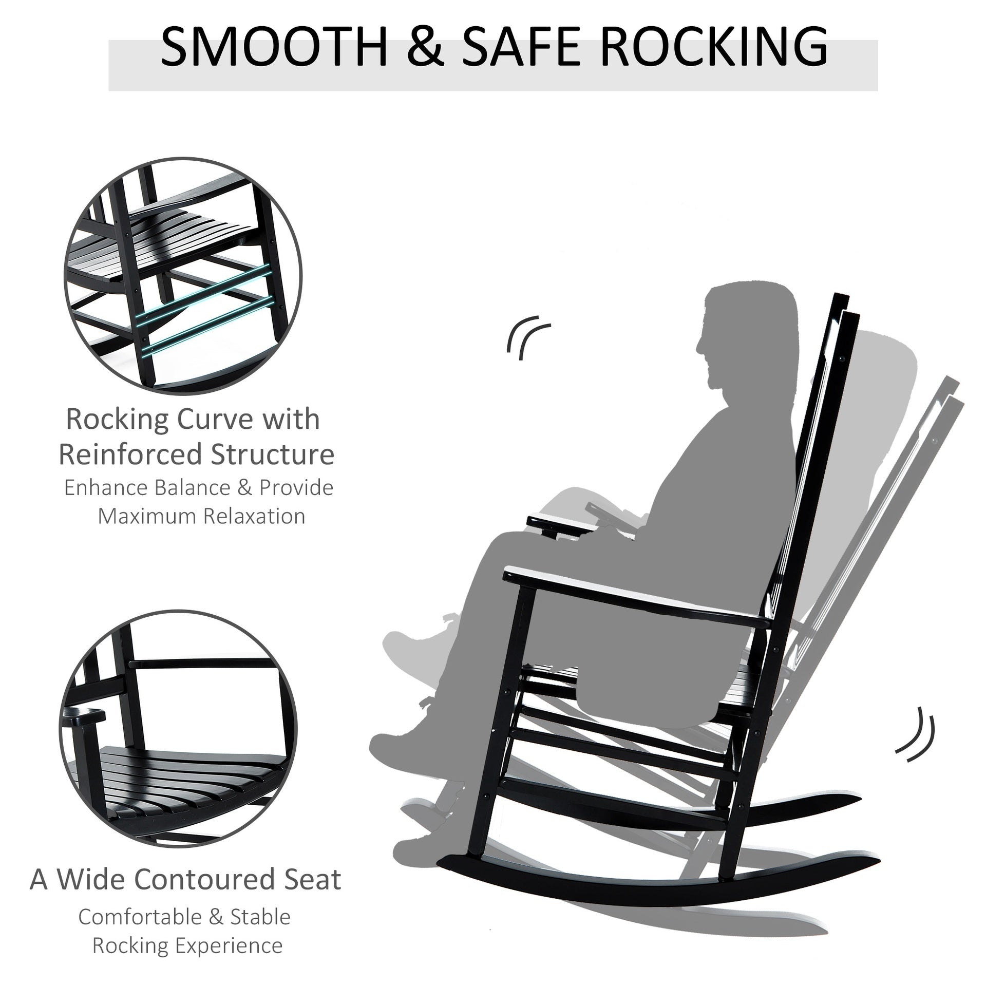 Outsunny Wooden Outdoor Rocking Chair with Armrests, High Back for Garden, Patio, Balcony, Porch, Black