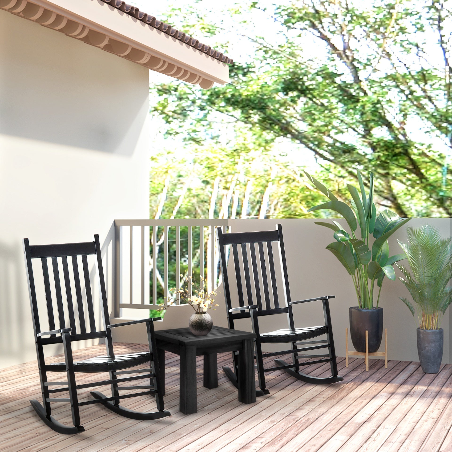 Outsunny Wooden Outdoor Rocking Chair with Armrests, High Back for Garden, Patio, Balcony, Porch, Black