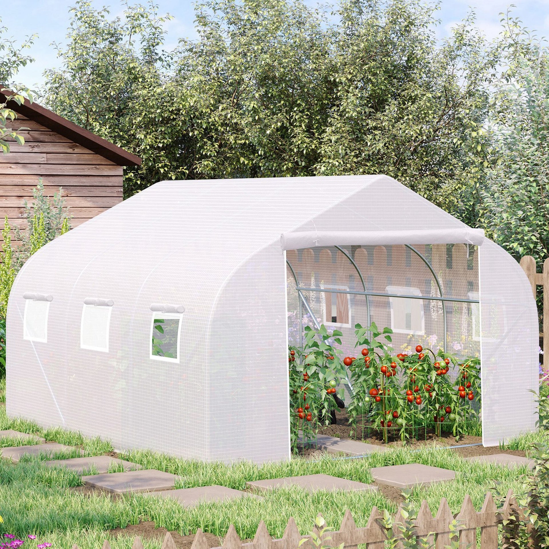 Outsunny 11.5' x 10' x 6.5' Outdoor Walk-in Greenhouse, Tunnel Green House with Roll-up Windows, Zippered Door, PE Cover, Heavy Duty Steel Frame, White