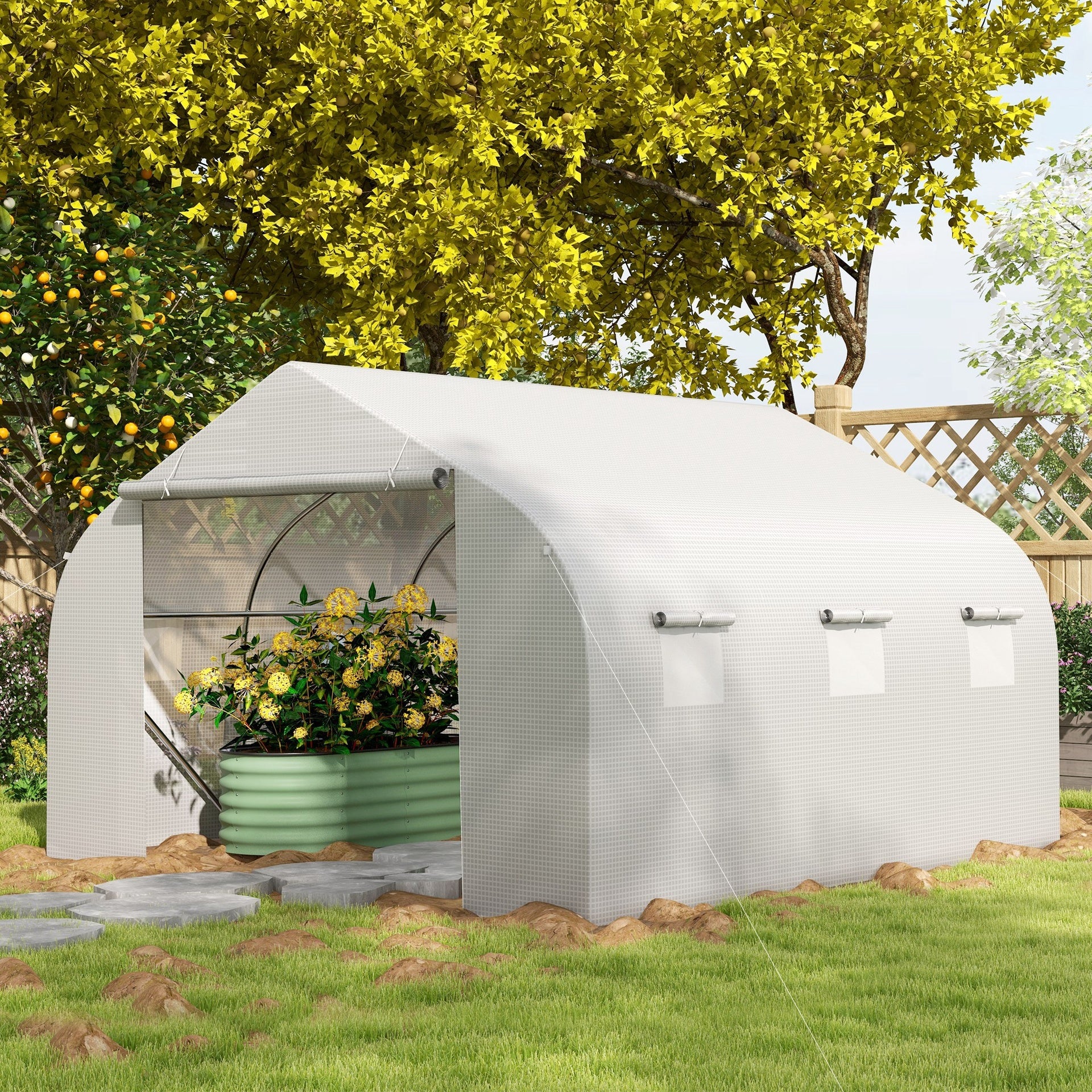 Outsunny 11.5' x 10' x 6.5' Outdoor Walk-in Greenhouse, Tunnel Green House with Roll-up Windows, Zippered Door, PE Cover, Heavy Duty Steel Frame, White