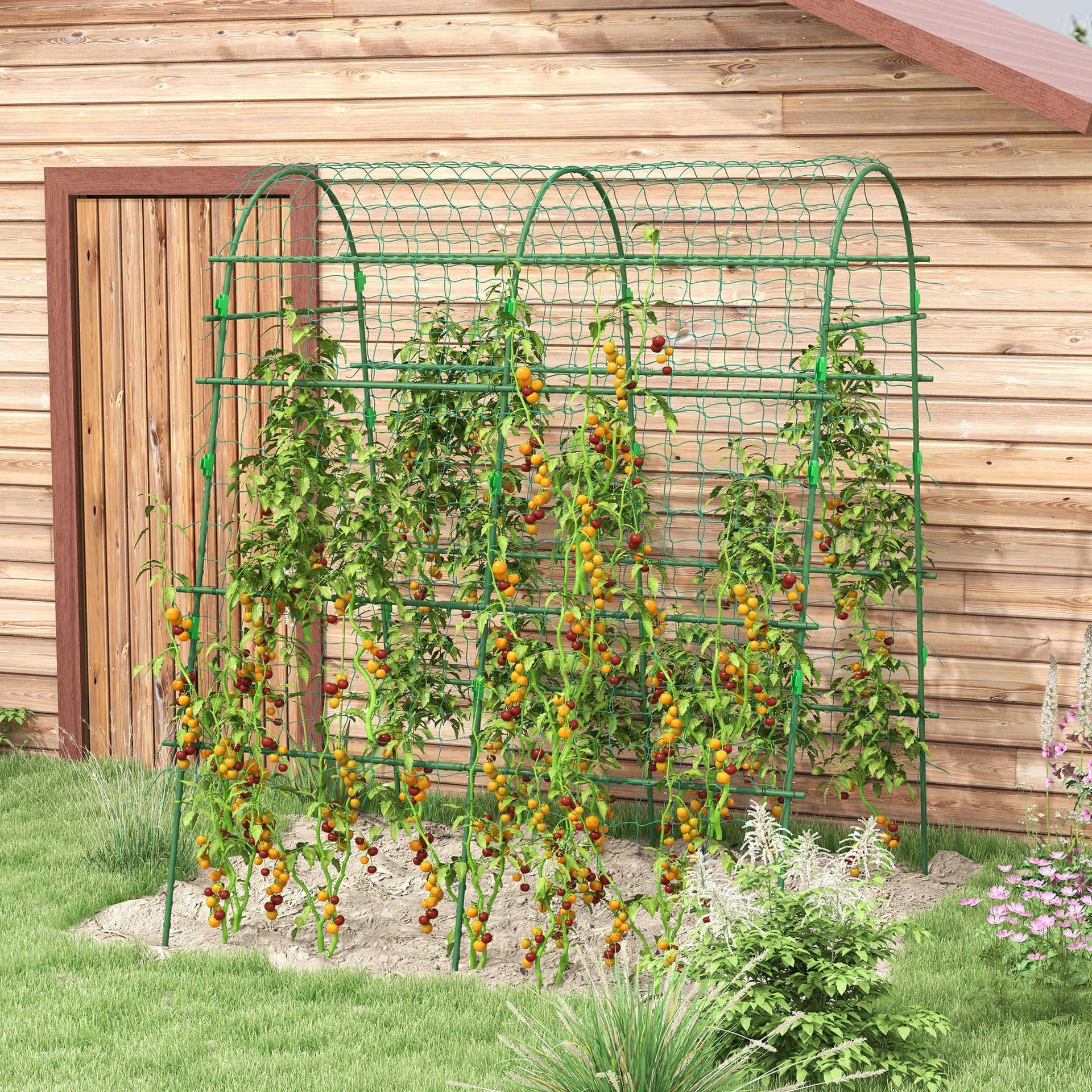 Outsunny Metal Garden Trellis, Arch Trellis for Climbing Plants Outdoor, A-Frame, with Climbing Net, 57" x 66" x 81", Green
