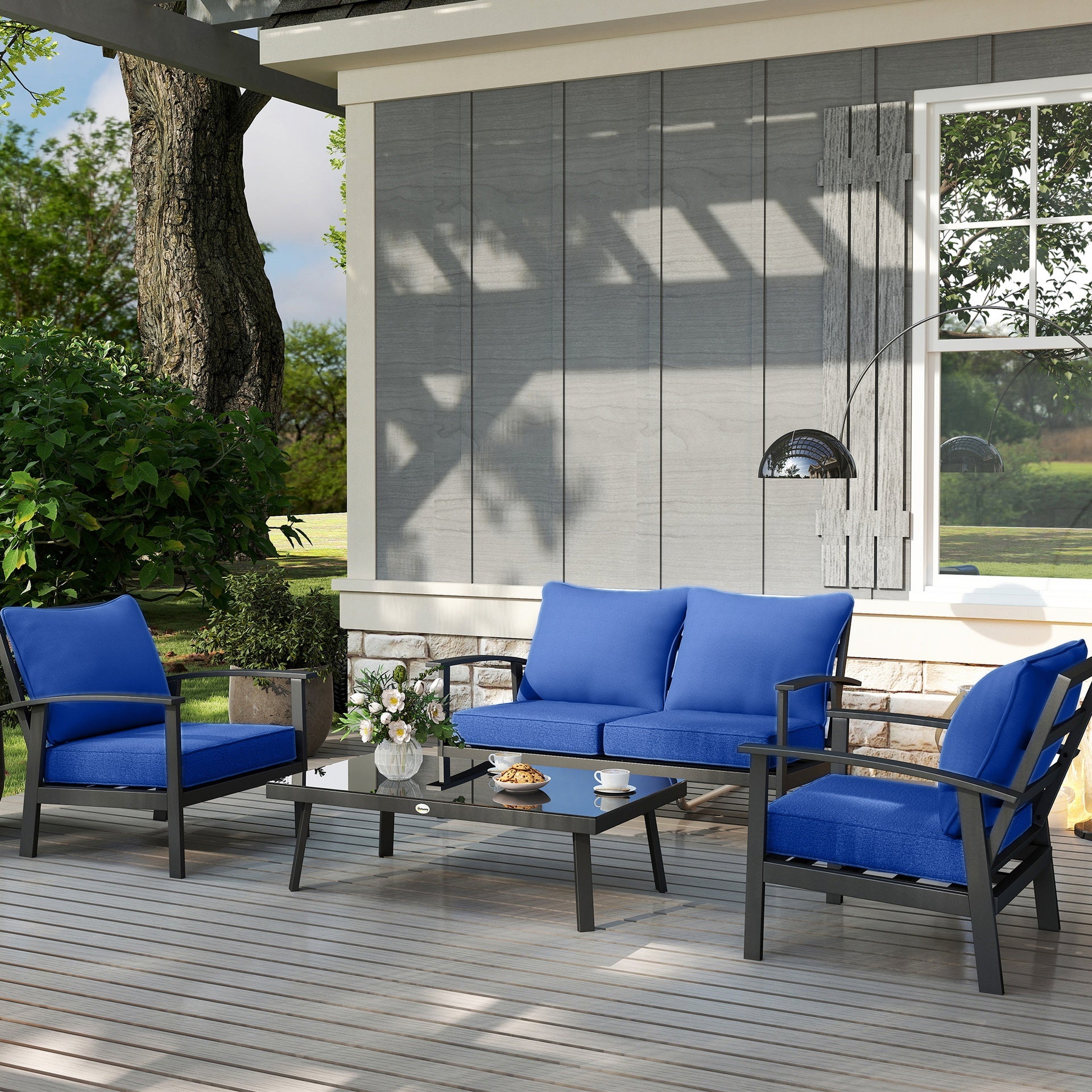 Outsunny Patio Chair Cushions Set of 4 with Seat & Backrest, Fade Resistant Seat Replacement Cushion Set, Navy Blue