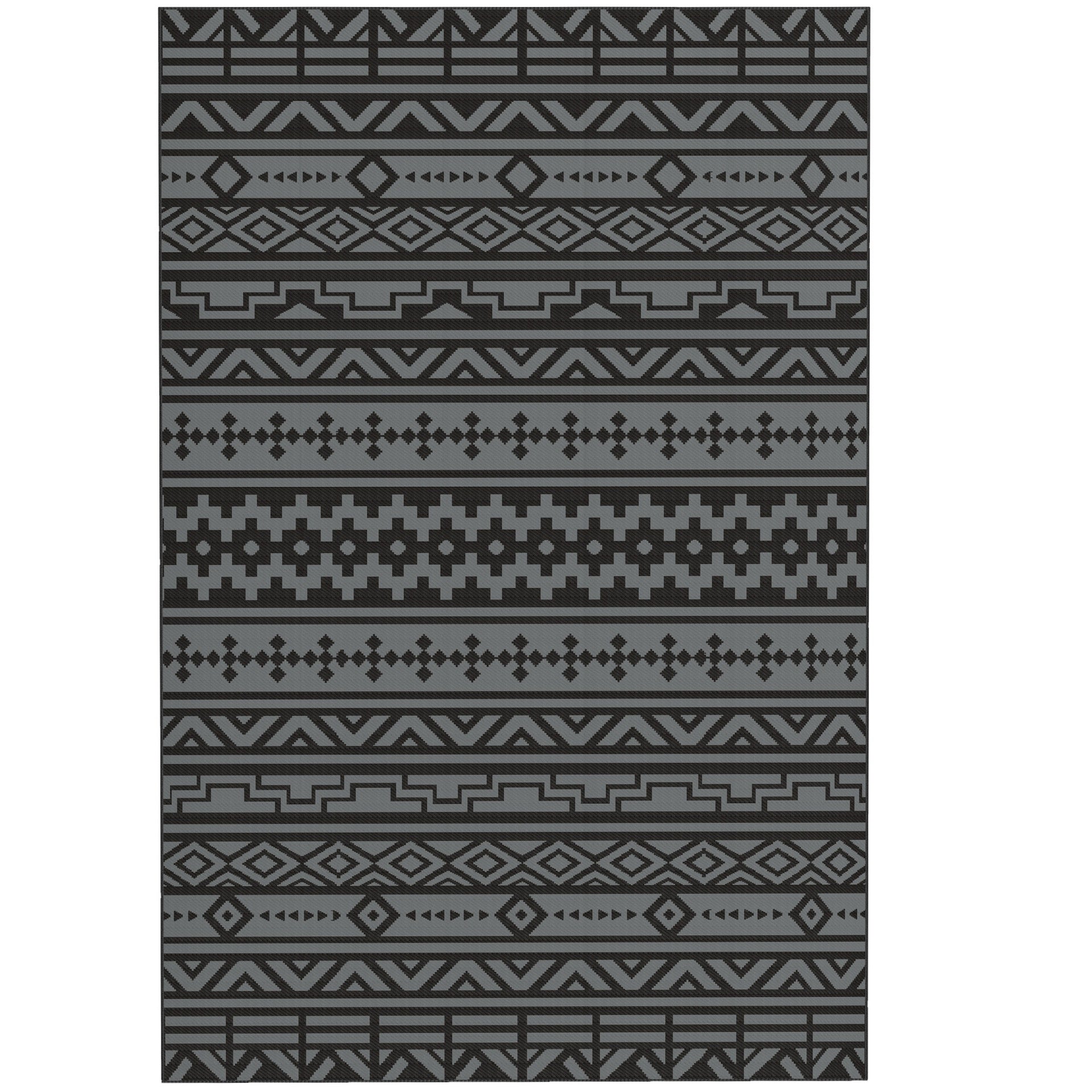 Outsunny Reversible Outdoor Rug, Waterproof Plastic Straw with Carry Bag, 6' x 9', Black & Gray Geometric Wall
