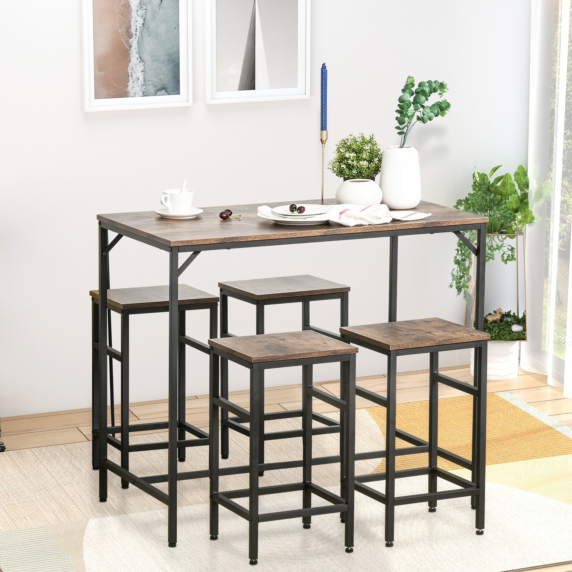 HOMCOM 5-Piece Industrial Dining Table Set, Bar Table & 4 Stools Set, Space Saving for Pub & Kitchen, Rustic Brown/Black
