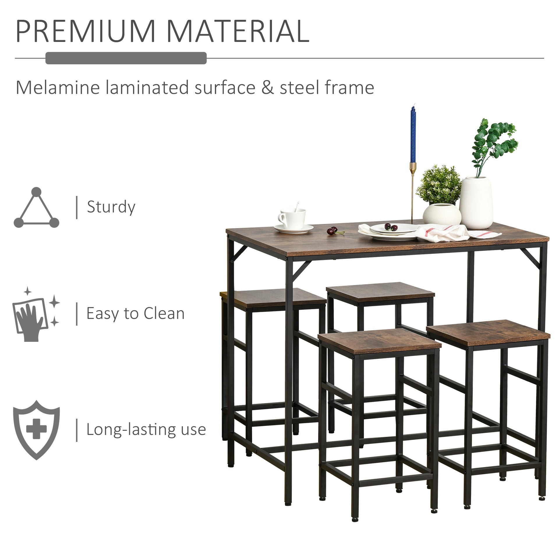 HOMCOM 5-Piece Industrial Dining Table Set, Bar Table & 4 Stools Set, Space Saving for Pub & Kitchen, Rustic Brown/Black