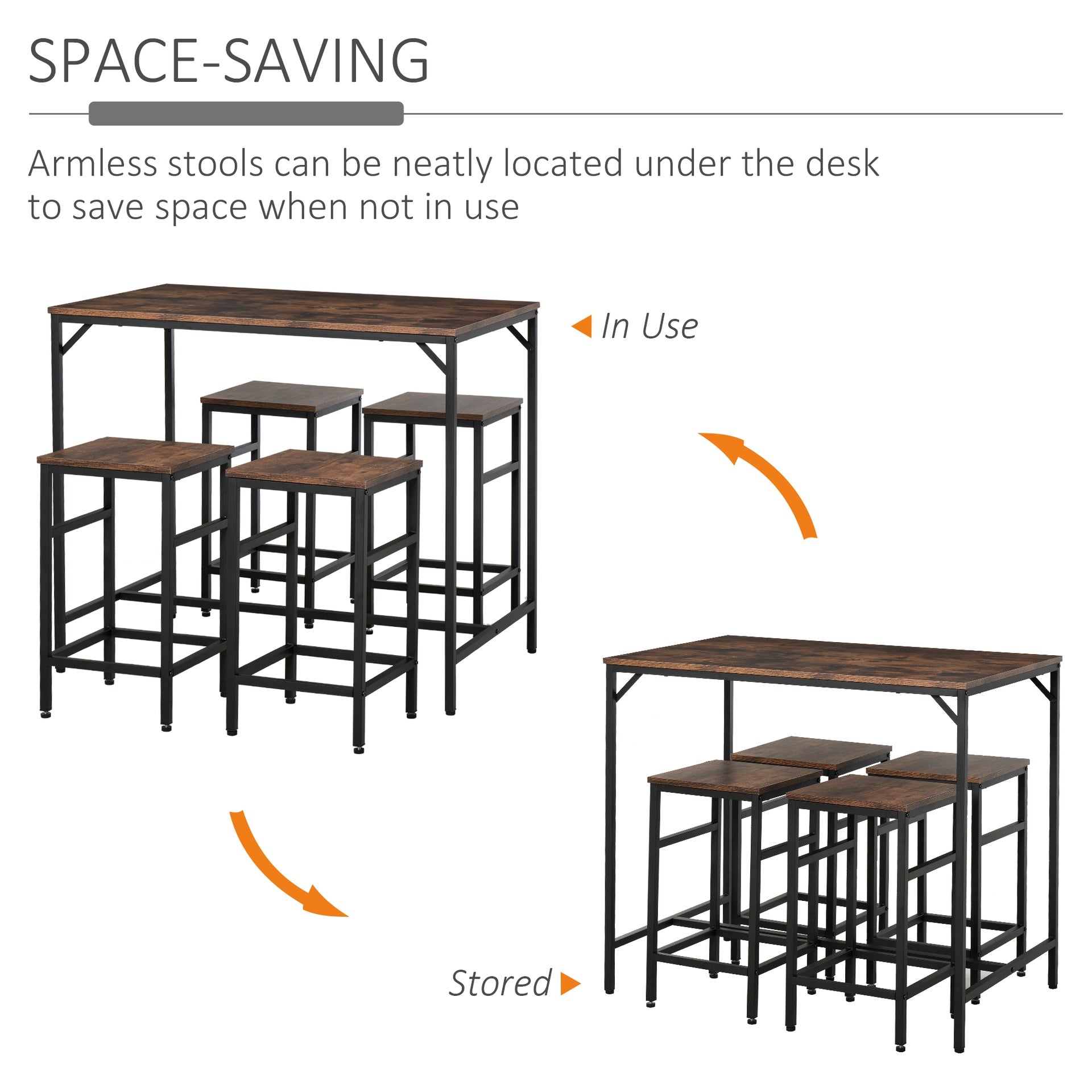 HOMCOM 5-Piece Industrial Dining Table Set, Bar Table & 4 Stools Set, Space Saving for Pub & Kitchen, Rustic Brown/Black