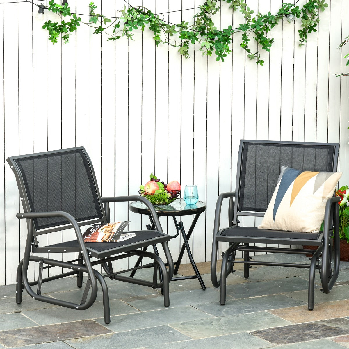 Outsunny 2-Piece Outdoor Glider Swing, Rocking Chair Set with Breathable Mesh Fabric, Sturdy Durable Frame, Curved Armrests, Supports Up to 264 lbs., for Backyard, Garden, Porch, Black