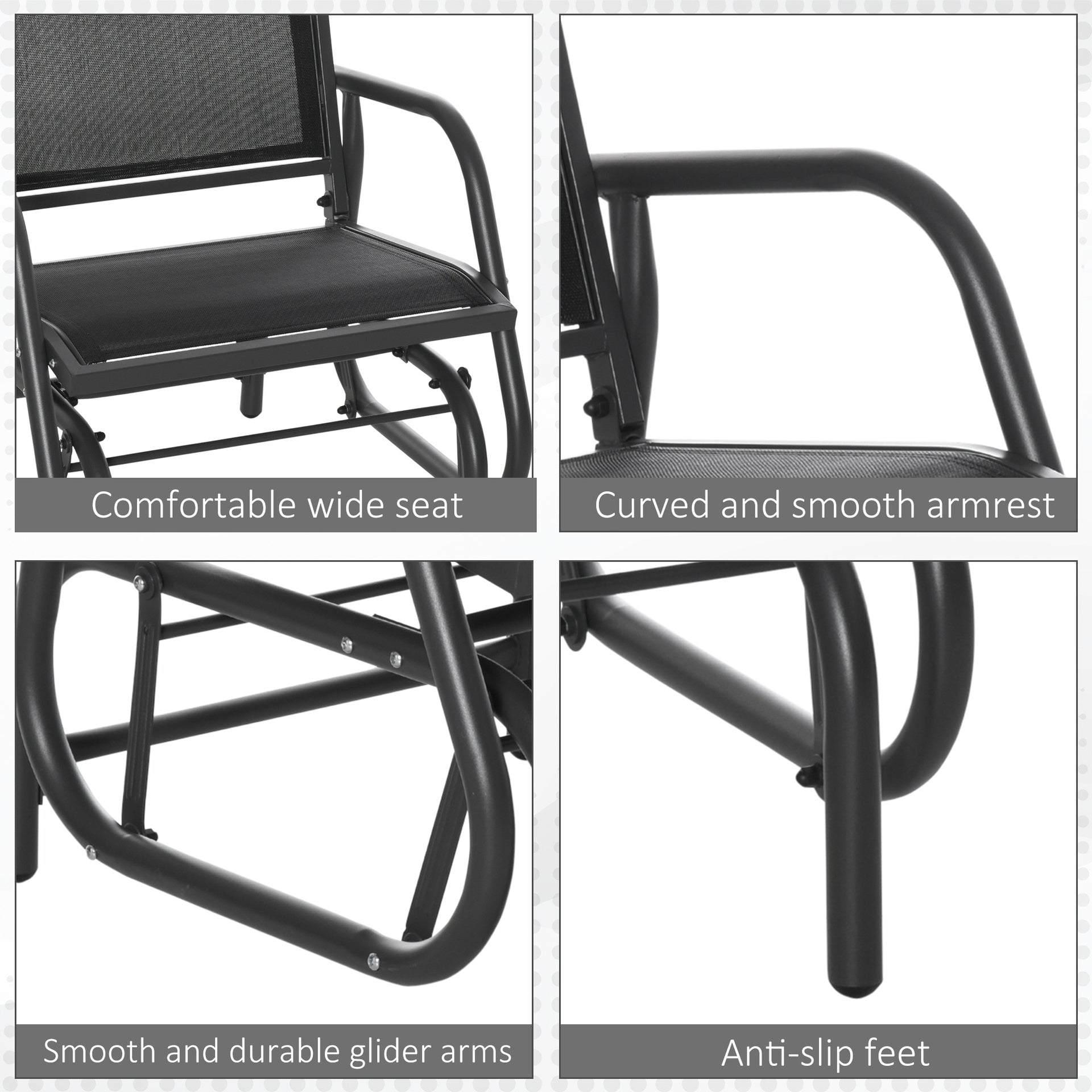 Outsunny 2-Piece Outdoor Glider Swing, Rocking Chair Set with Breathable Mesh Fabric, Sturdy Durable Frame, Curved Armrests, Supports Up to 264 lbs., for Backyard, Garden, Porch, Black