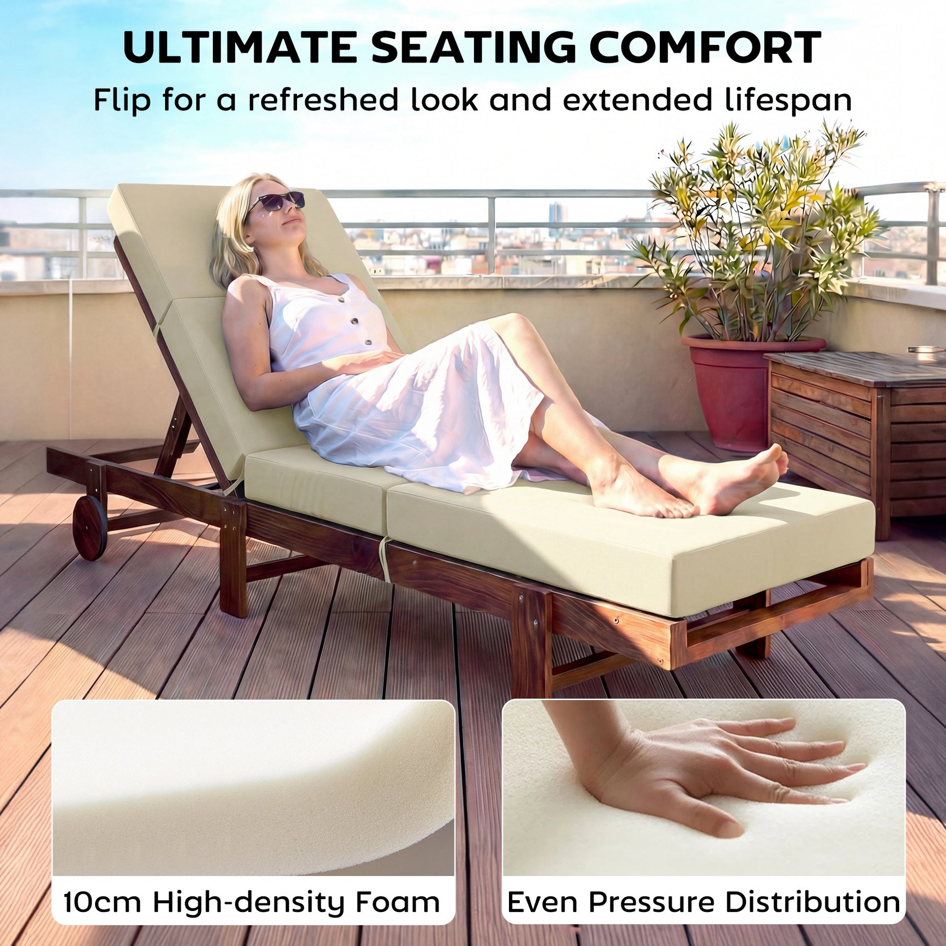 Outsunny Chaise Lounge Cushion, 4" Thick Outdoor Lounge Chair Cushions with Ties for Patio, 26" x 80", Cream White