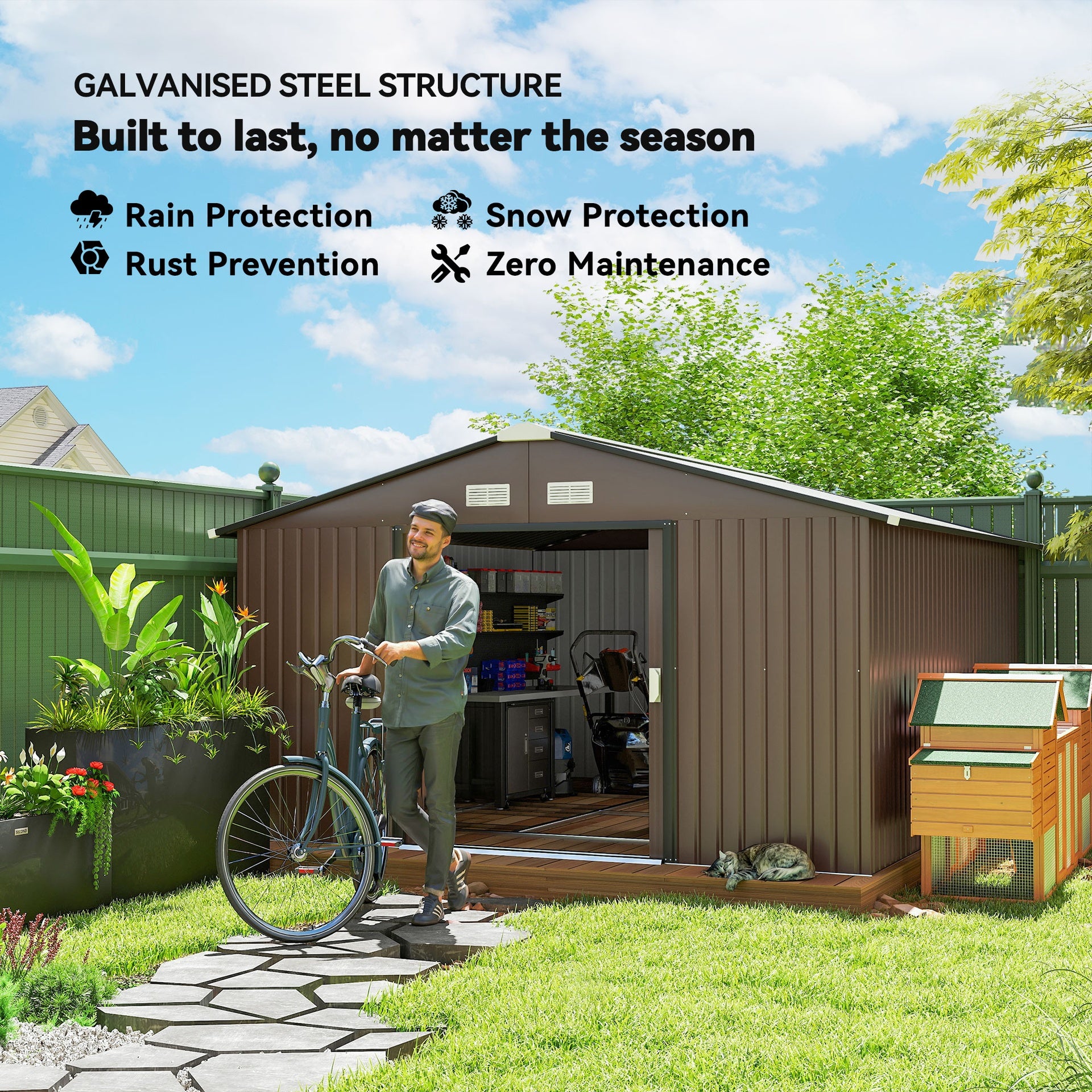 Outsunny Metal Large Shed with Double Locking Doors Sloped Roof for Garden Tool, Bike Storage, Brown