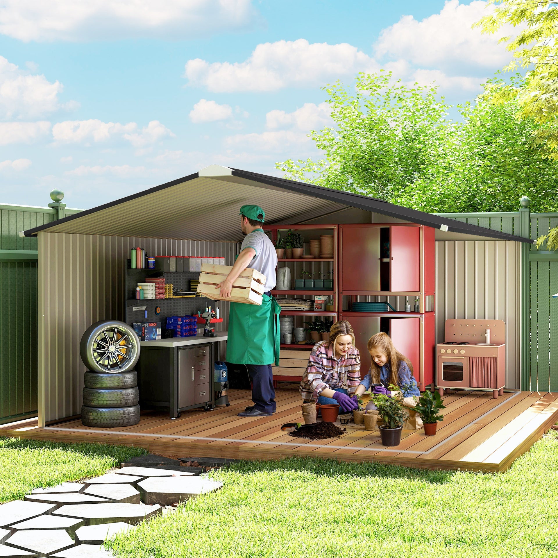 Outsunny Metal Large Shed with Double Locking Doors Sloped Roof for Garden Tool, Bike Storage, Brown