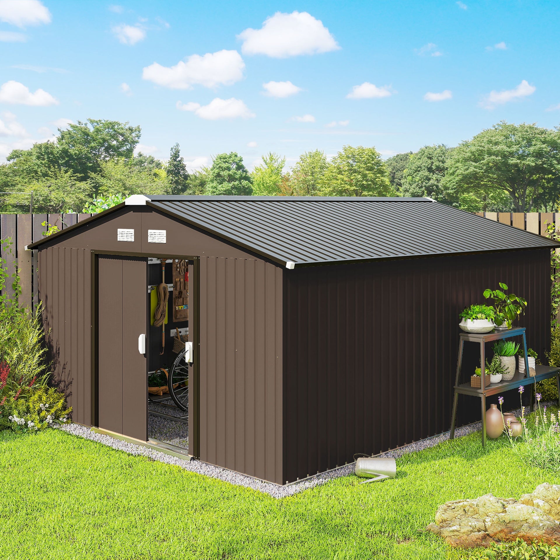Outsunny Metal Large Shed with Double Locking Doors Sloped Roof for Garden Tool, Bike Storage, Brown