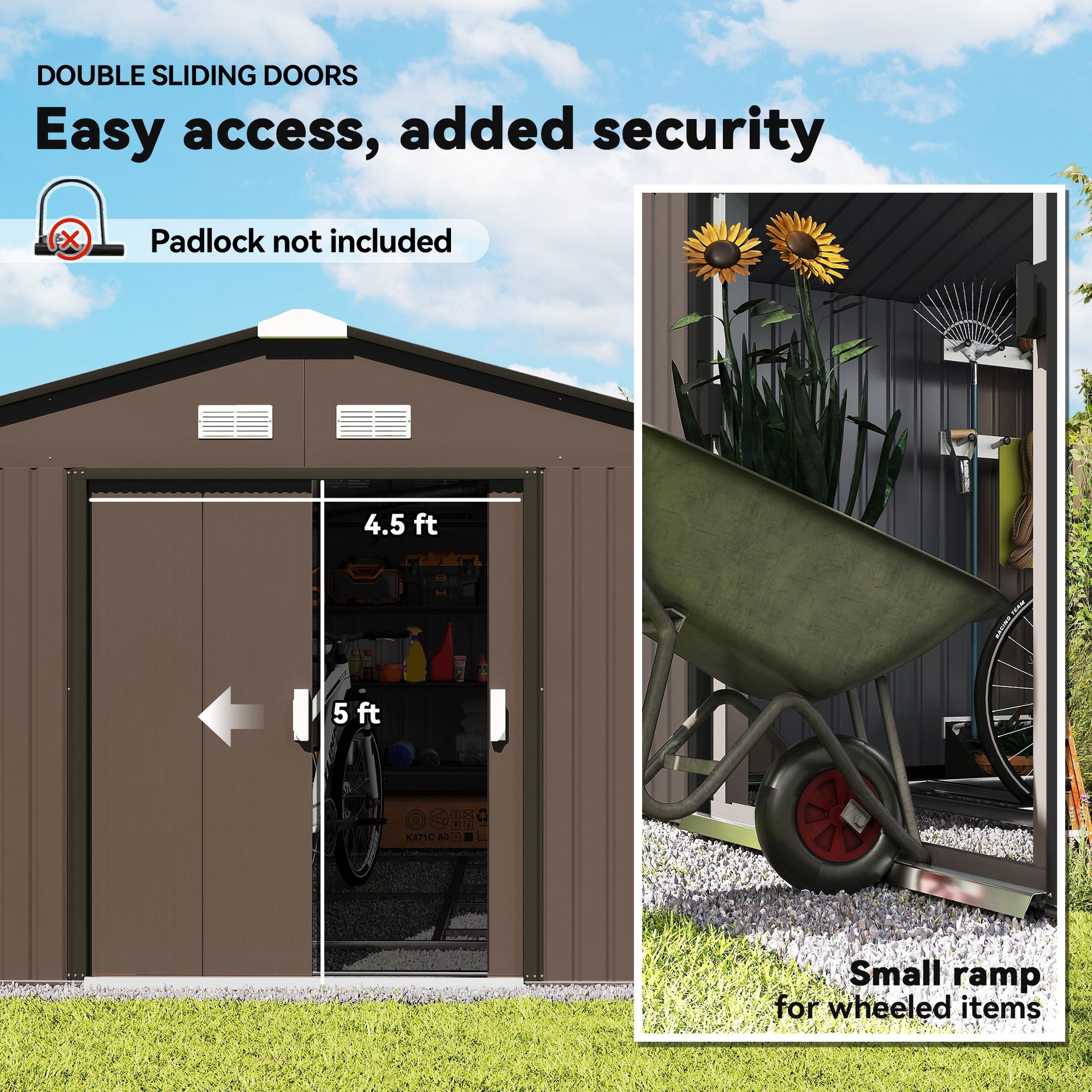 Outsunny Metal Large Shed with Double Locking Doors Sloped Roof for Garden Tool, Bike Storage, Brown