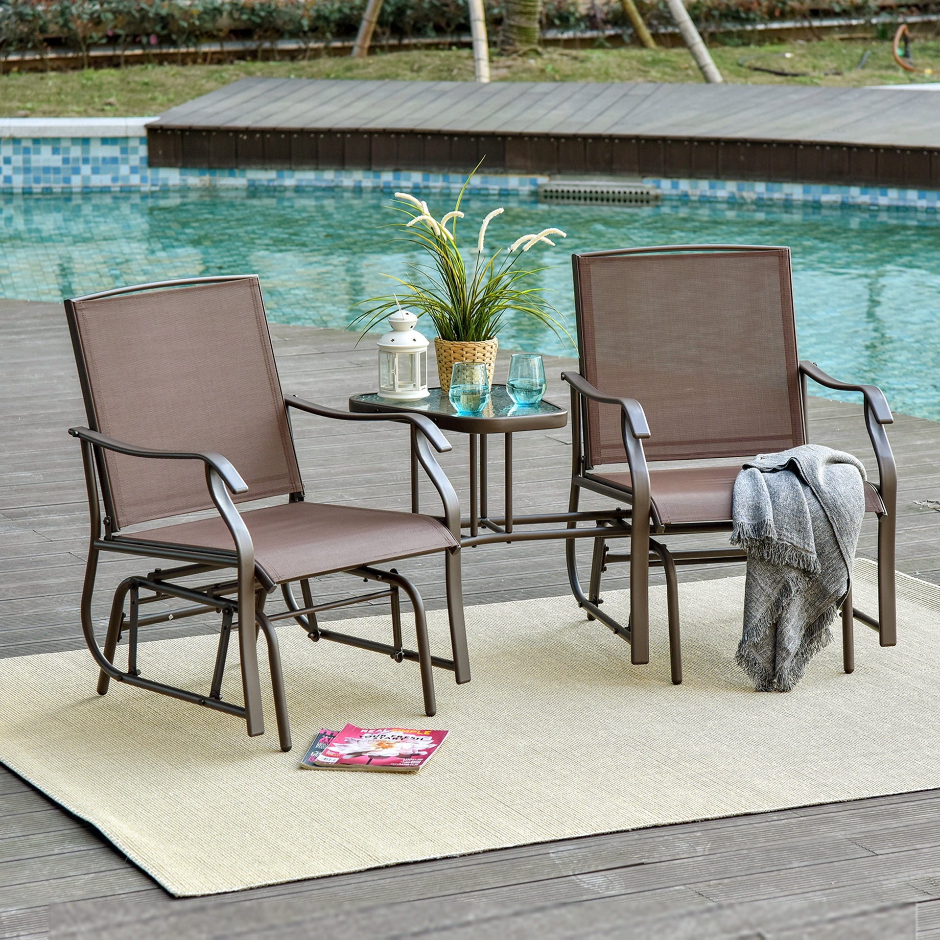 Outsunny Outdoor Glider Chairs with Coffee Table, Patio 2-Seat Rocking Chair Swing Loveseat with Breathable Sling for Backyard, Garden, and Porch, Coffee Brown