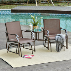 Outsunny Outdoor Glider Chairs with Coffee Table, Patio 2-Seat Rocking Chair Swing Loveseat with Breathable Sling for Backyard, Garden, and Porch, Coffee Brown
