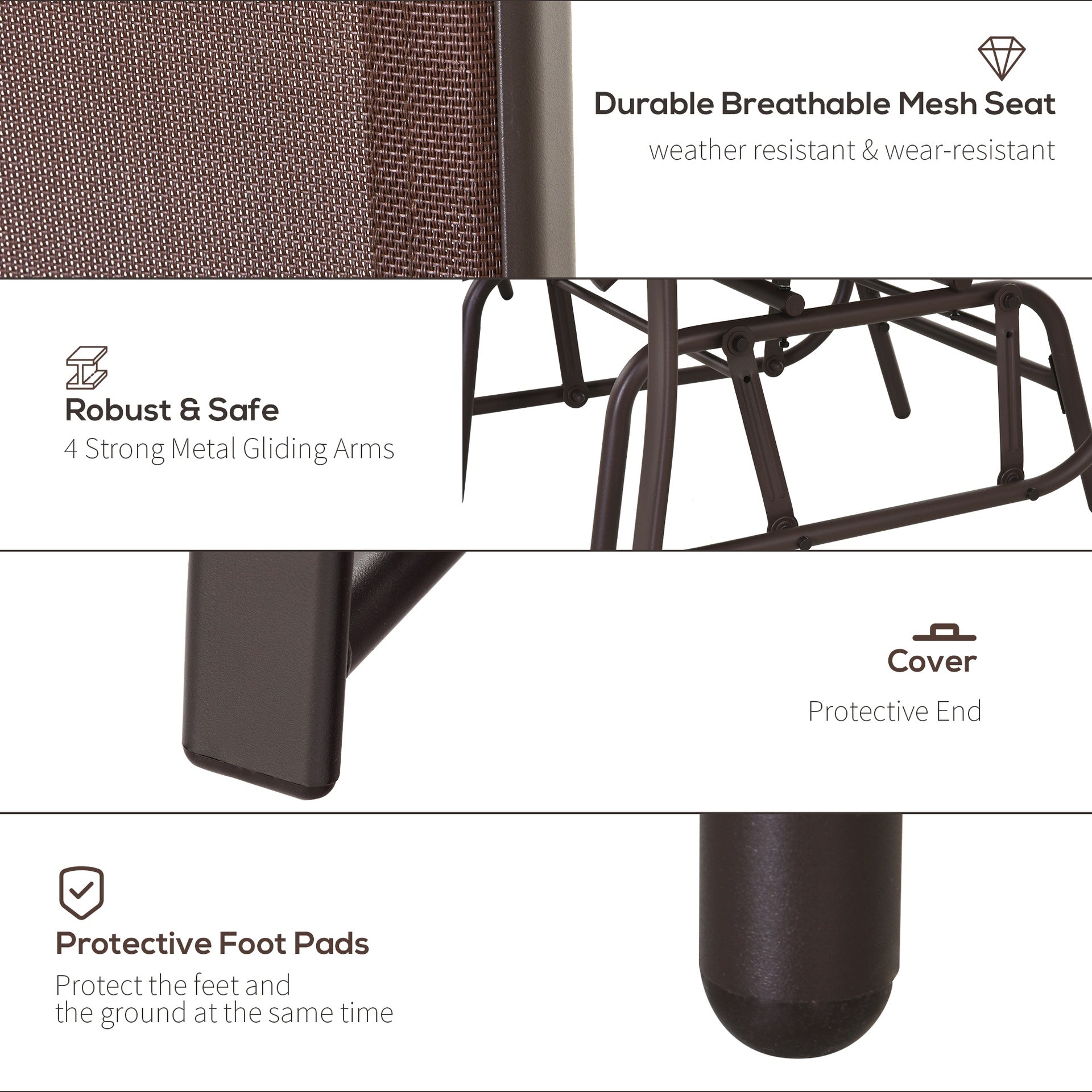Outsunny Outdoor Glider Chairs with Coffee Table, Patio 2-Seat Rocking Chair Swing Loveseat with Breathable Sling for Backyard, Garden, and Porch, Coffee Brown