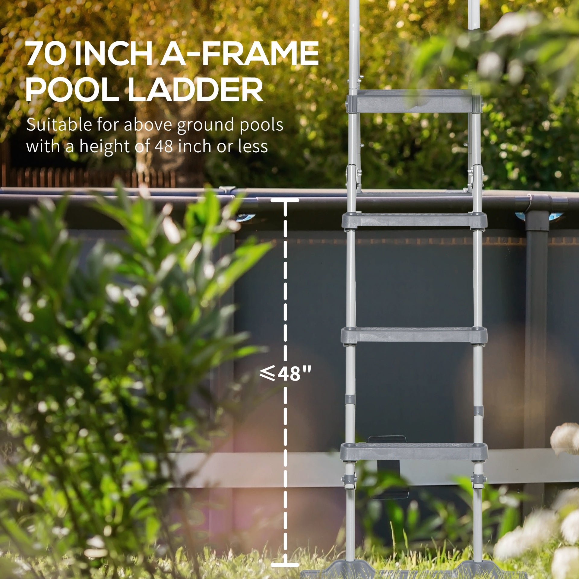 Outsunny 70" Above Ground Swimming Pool Ladder, A-Frame Deck Ladder, Non-slip Steps and Handrails for 48" Pool Wall Height, Gray