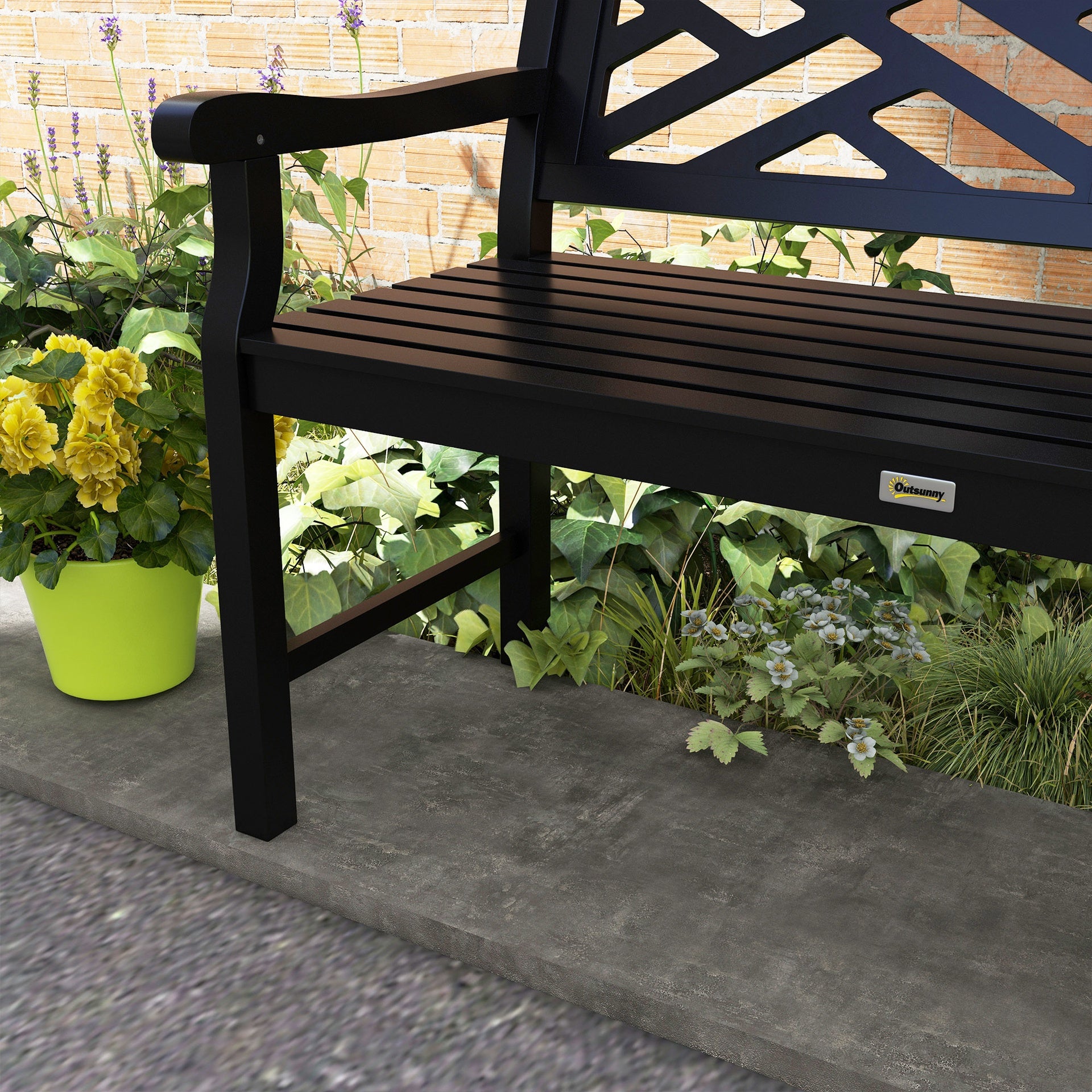 Outsunny Outdoor Garden Bench, Wooden Frame Patio Bench with Geometric Pattern, 43.25 Inch Weatherproof 2-Person Love Seat for Garden, Lawn, Porch, Yard, Work Entryway, Black