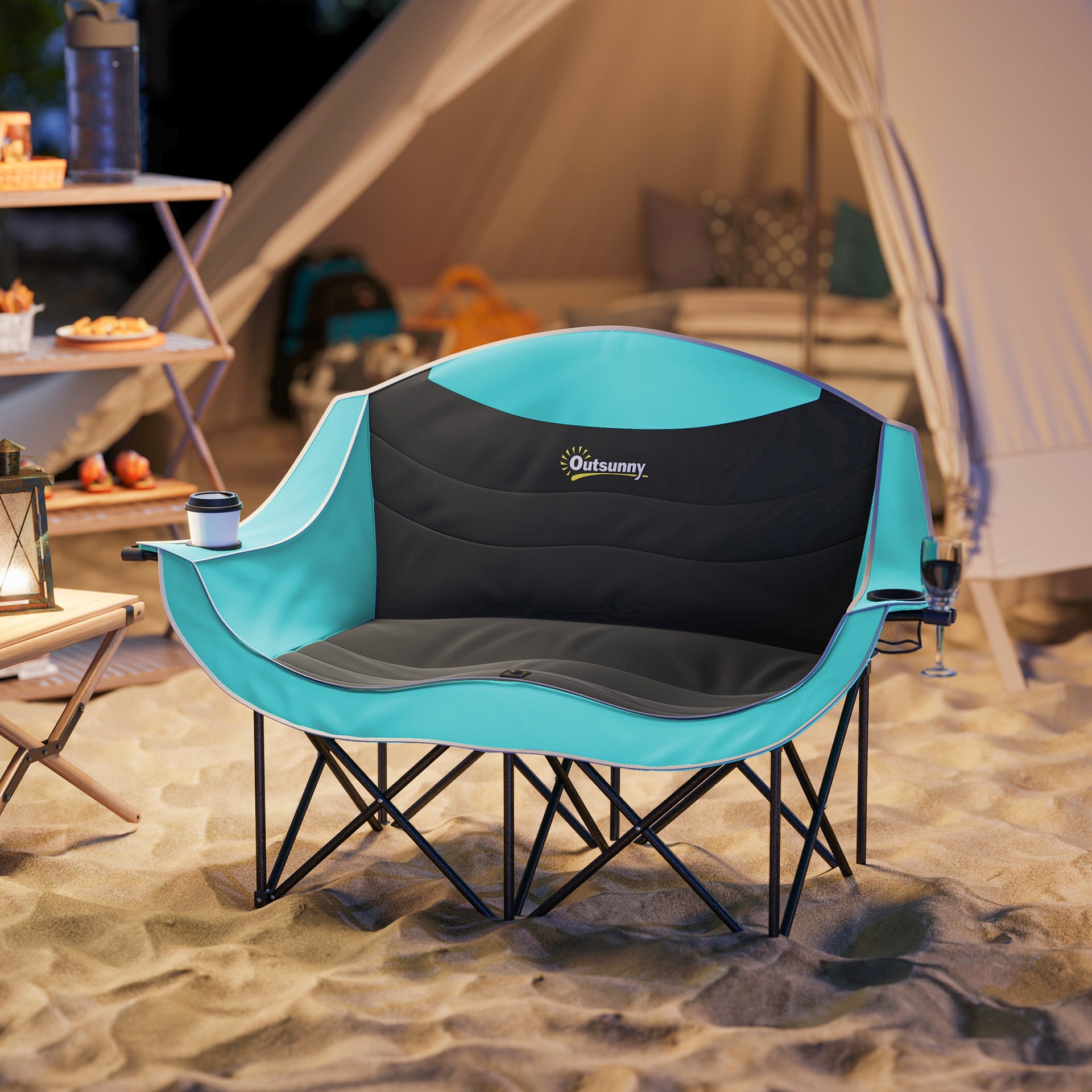 Outsunny Padded Folding Camp Chair for Adults, Double Camping Chair with Armrests, Cup Holders, Carry Bag for Outdoor, Green