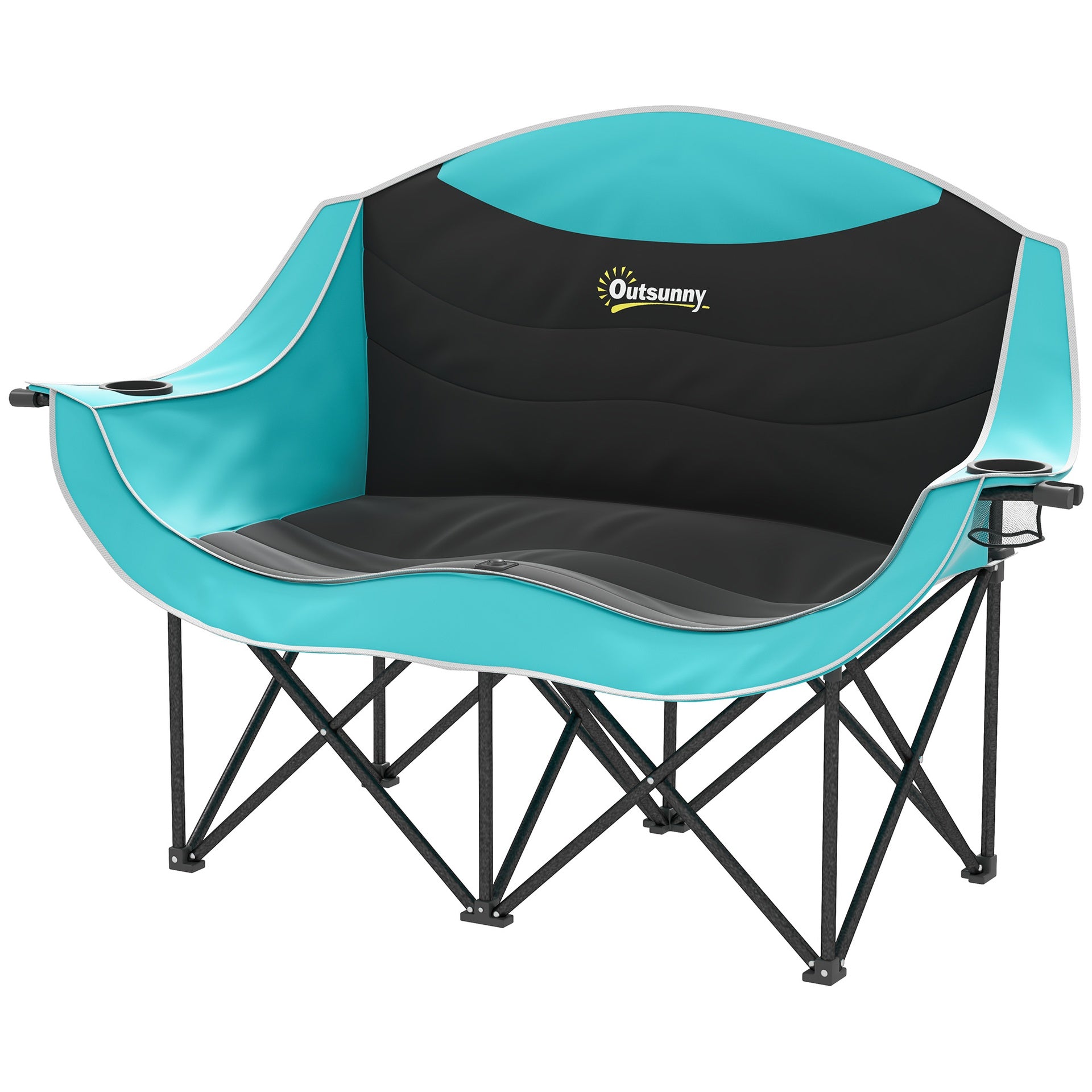 Outsunny Padded Folding Camp Chair for Adults, Double Camping Chair with Armrests, Cup Holders, Carry Bag for Outdoor, Green