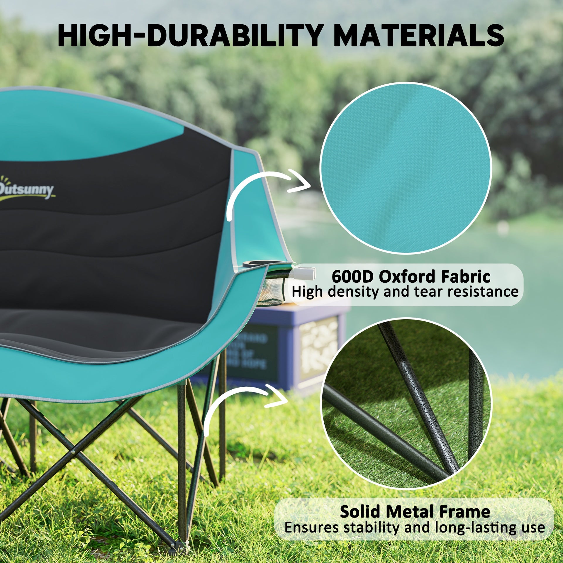 Outsunny Padded Folding Camp Chair for Adults, Double Camping Chair with Armrests, Cup Holders, Carry Bag for Outdoor, Green