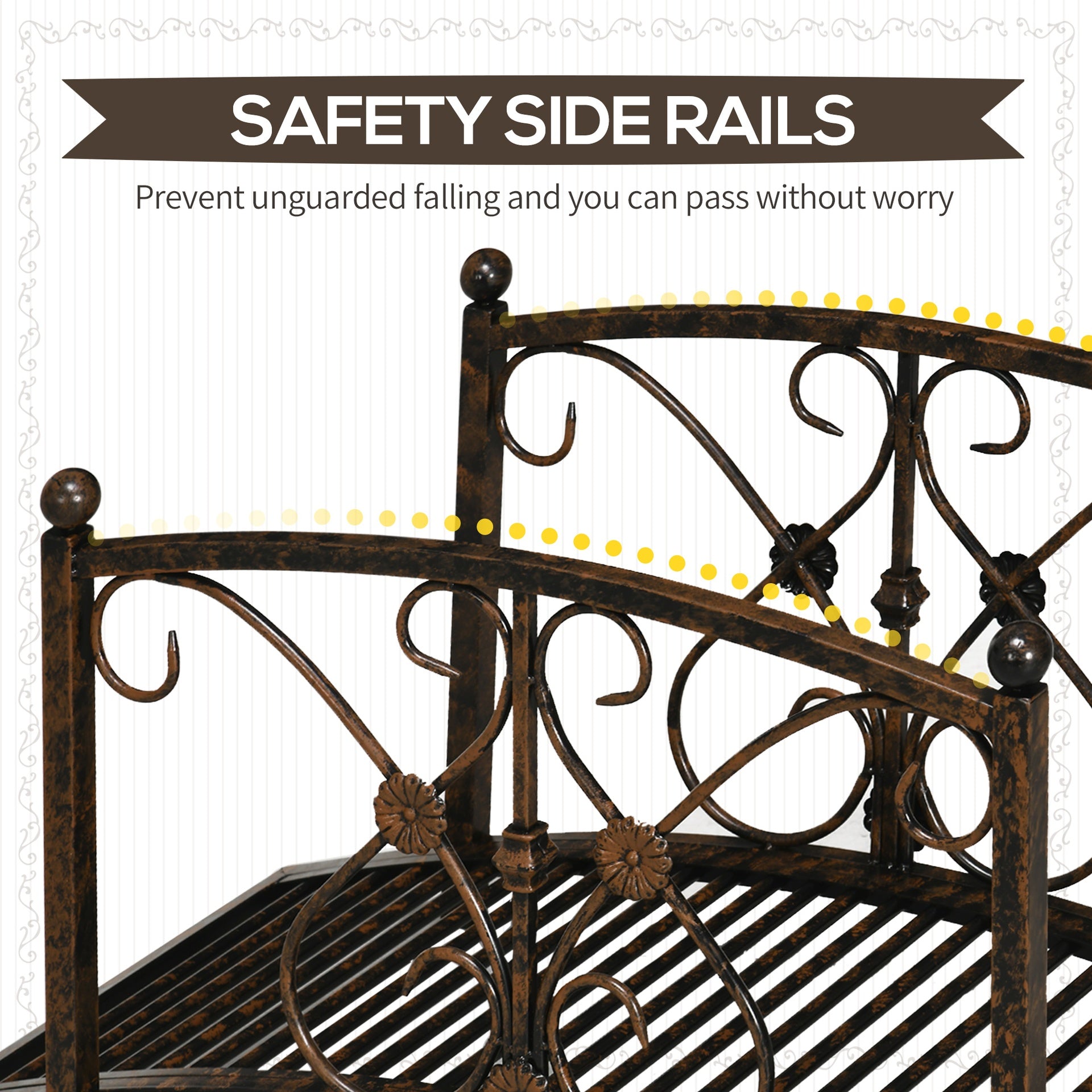 Outsunny 3.3' Metal Garden Bridge, Decorative Classic Footbridge Pond Bridge with Safety Railings for Backyard Garden Creek, Rust Brown