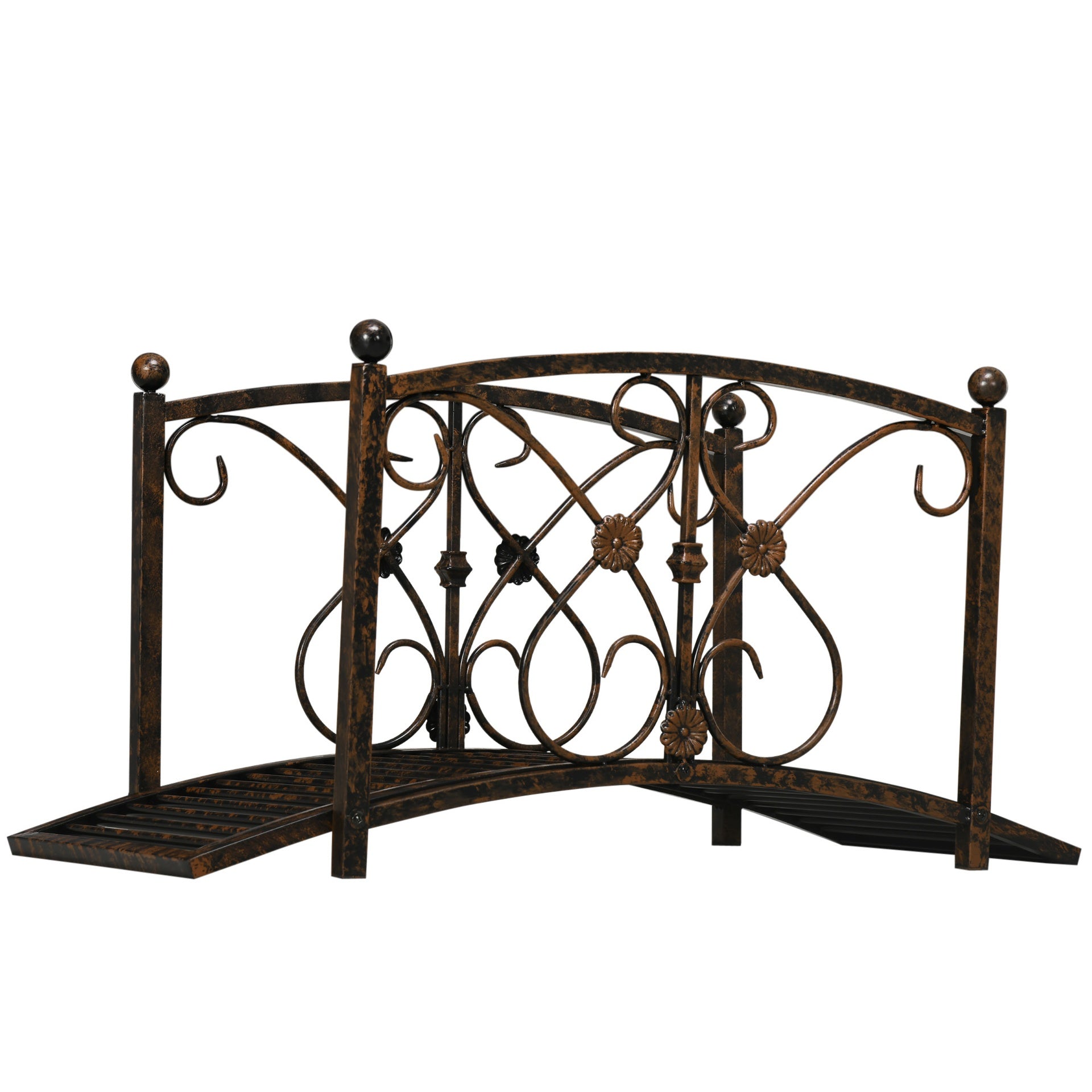 Outsunny 3.3' Metal Garden Bridge, Decorative Classic Footbridge Pond Bridge with Safety Railings for Backyard Garden Creek, Rust Brown