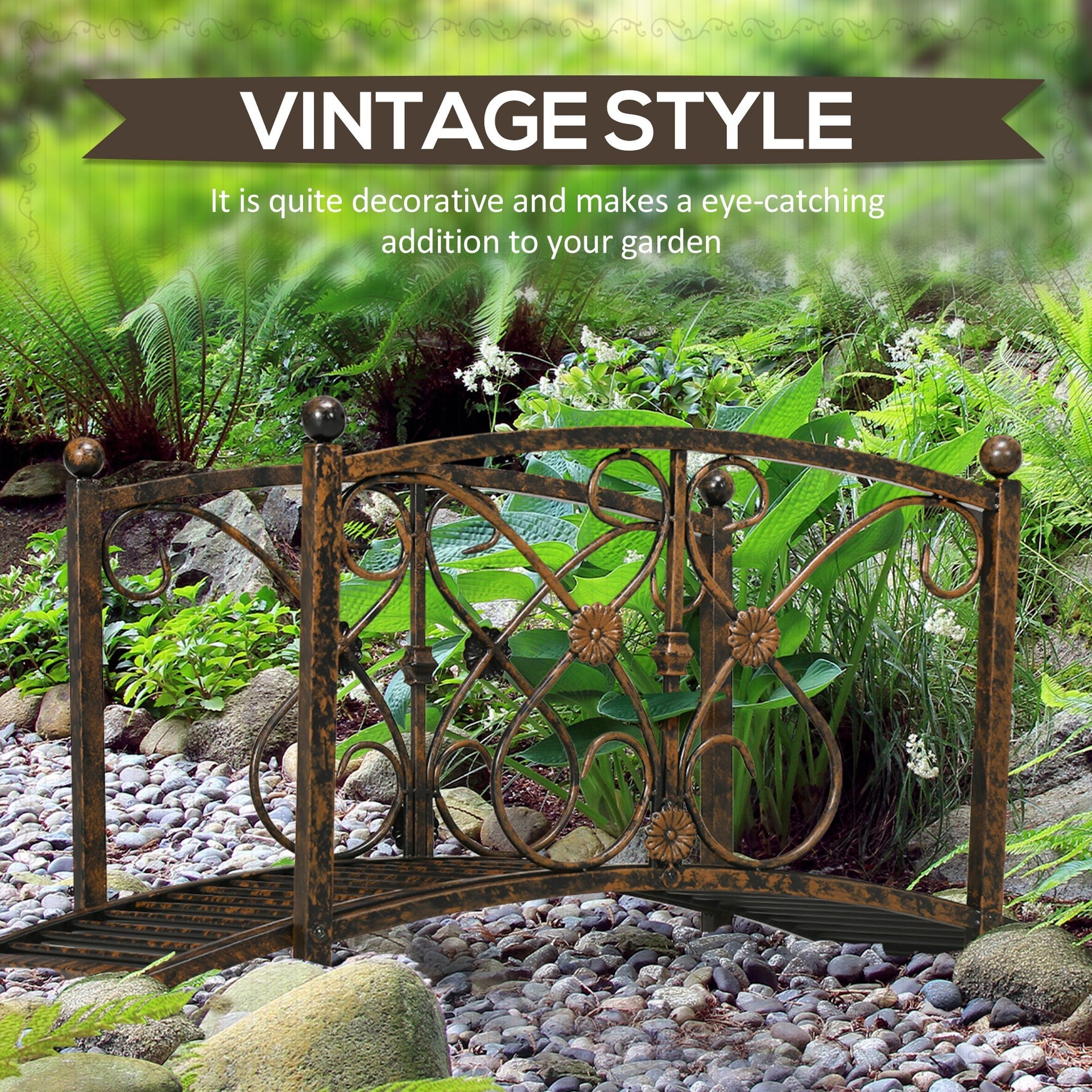 Outsunny 3.3' Metal Garden Bridge, Decorative Classic Footbridge Pond Bridge with Safety Railings for Backyard Garden Creek, Rust Brown