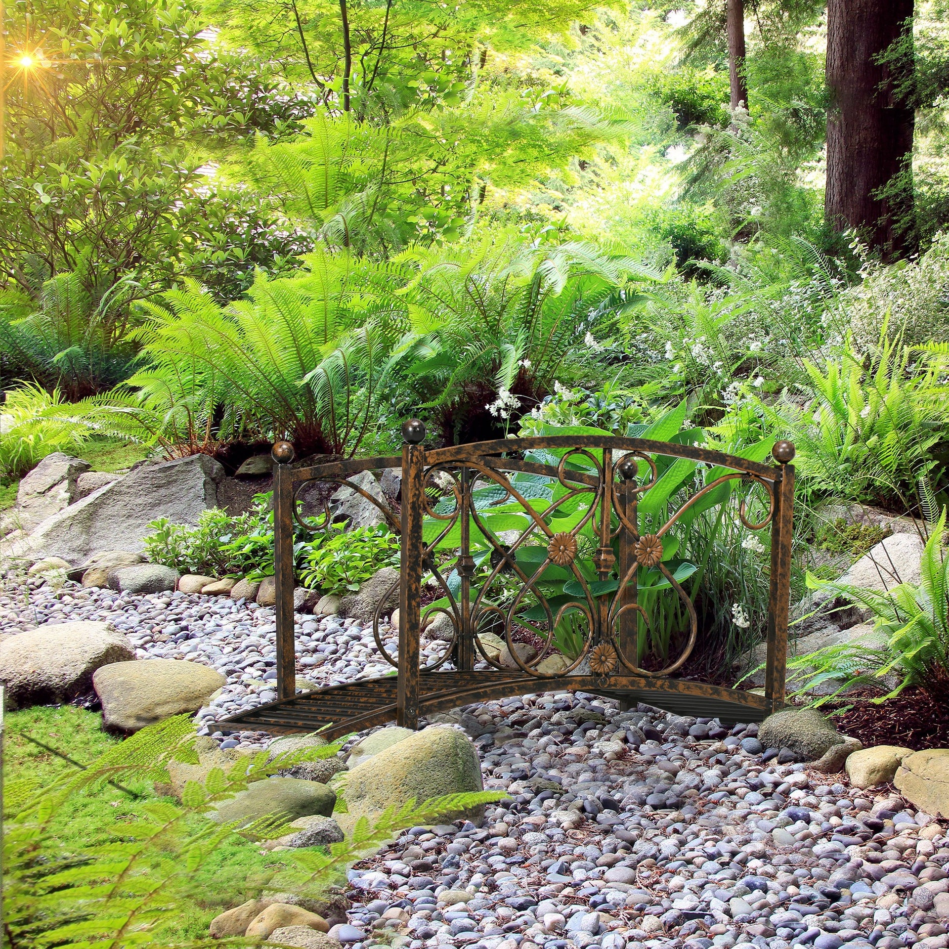 Outsunny 3.3' Metal Garden Bridge, Decorative Classic Footbridge Pond Bridge with Safety Railings for Backyard Garden Creek, Rust Brown