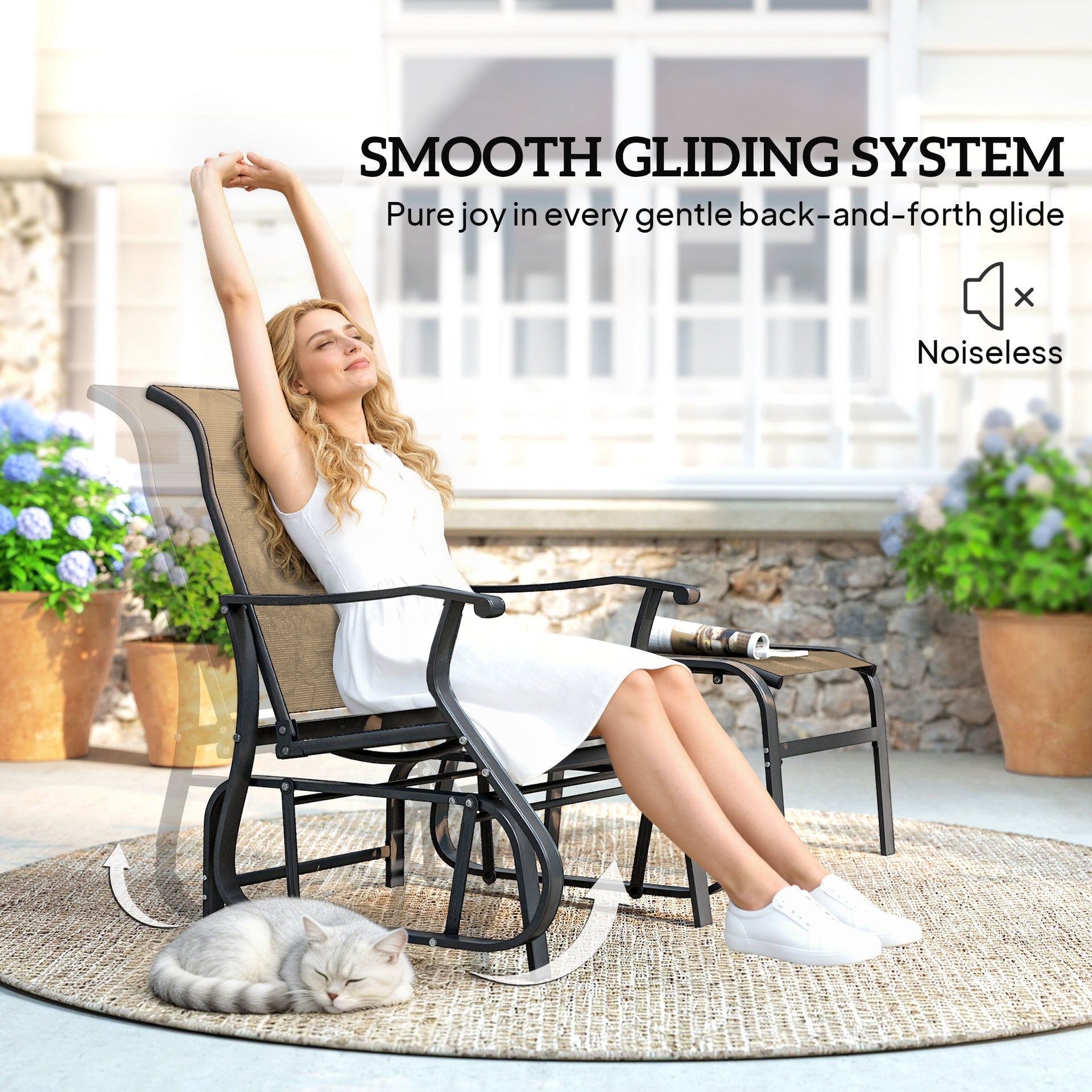 Outsunny Outdoor Glider with Ottoman, Patio Glider Chair Set with High Back, Wide Seat for Porch, Garden, Backyard, Tan