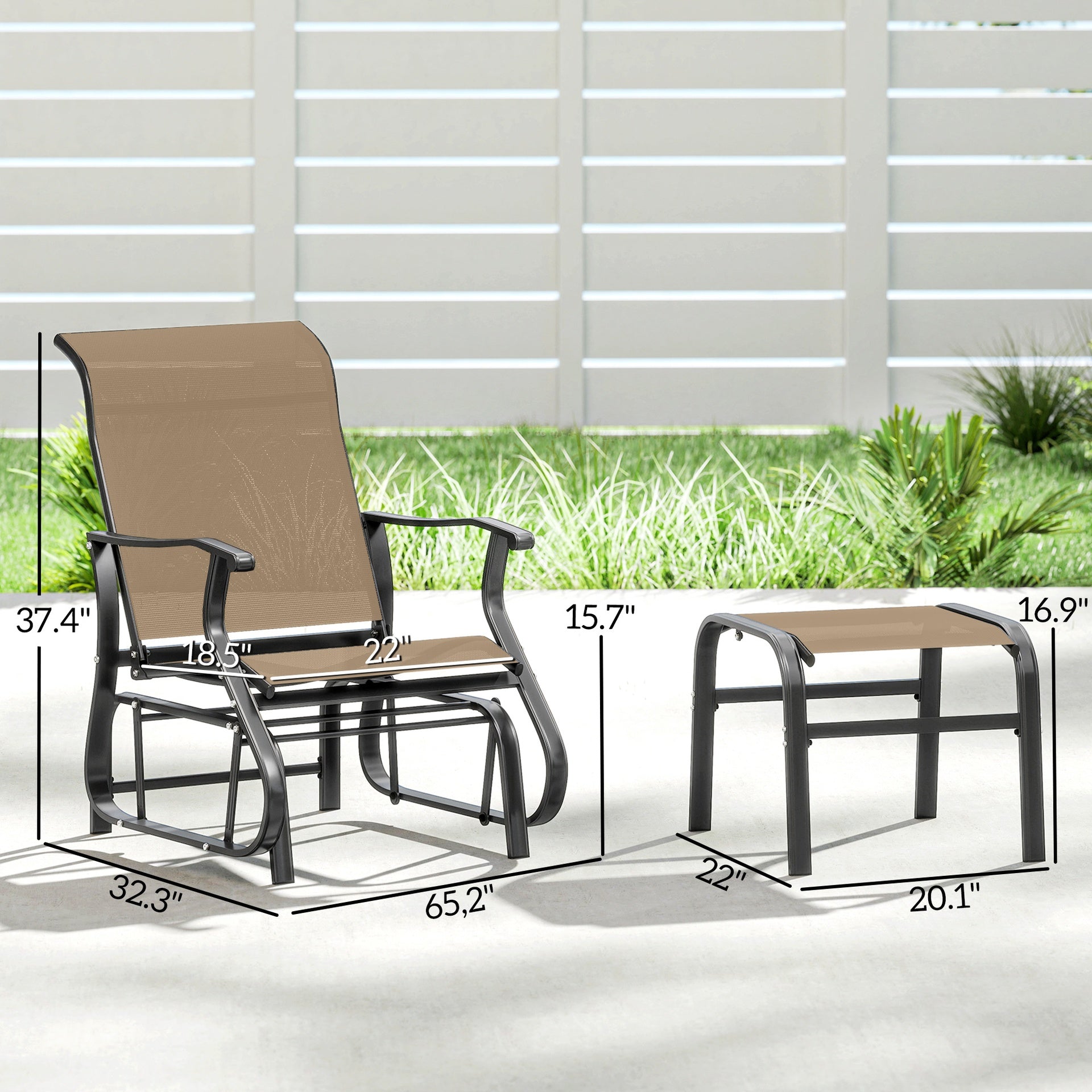 Outsunny Outdoor Glider with Ottoman, Patio Glider Chair Set with High Back, Wide Seat for Porch, Garden, Backyard, Tan