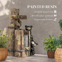 Outsunny 22.8" Water Fountain, 3-Tier Resin Bears on Log Outdoor Waterfall Fountain with LED Lights, Pump