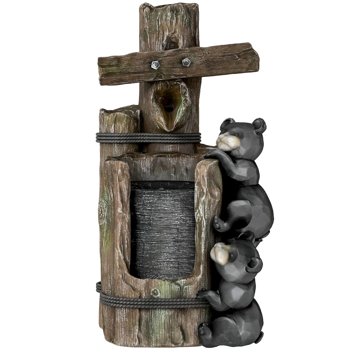Outsunny 22.8" Water Fountain, 3-Tier Resin Bears on Log Outdoor Waterfall Fountain with LED Lights, Pump