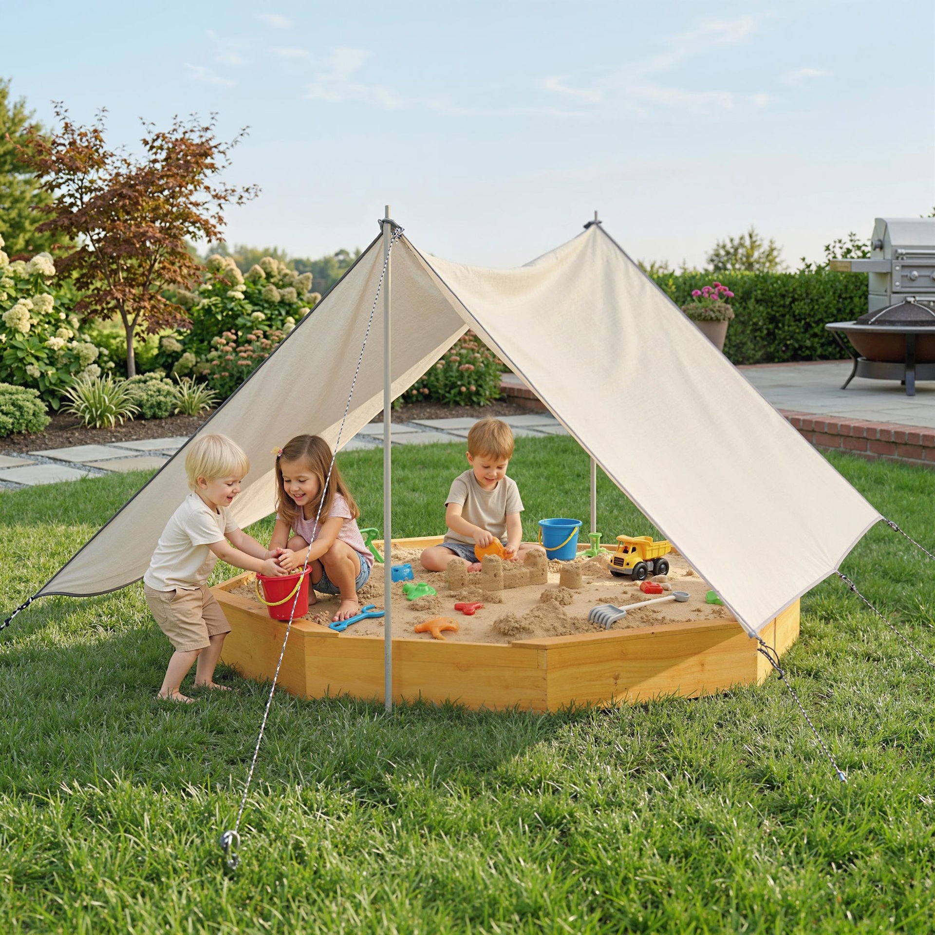 Qaba Wooden Sandbox with Large Canopy, Outdoor Sand Box with 4 Bench Seats, Bottom Liner for 8 Kids Aged 3-8, Yellow