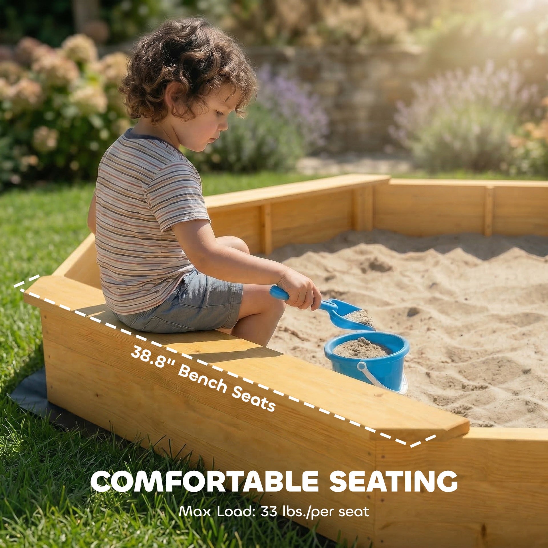 Qaba Wooden Sandbox with Large Canopy, Outdoor Sand Box with 4 Bench Seats, Bottom Liner for 8 Kids Aged 3-8, Yellow