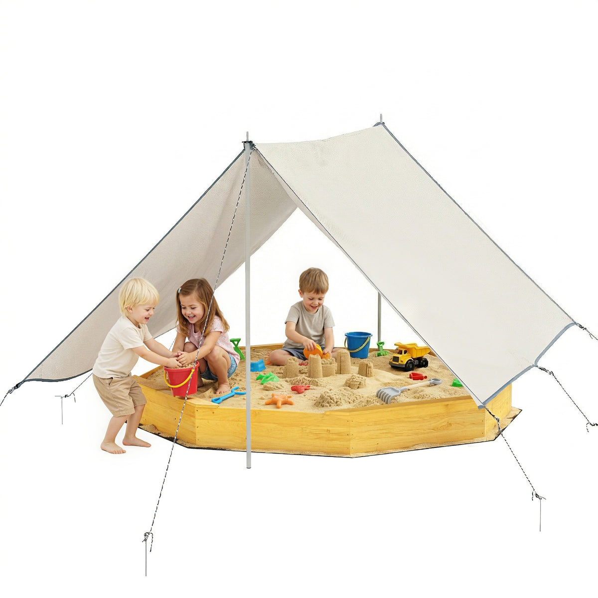 Qaba Wooden Sandbox with Large Canopy, Outdoor Sand Box with 4 Bench Seats, Bottom Liner for 8 Kids Aged 3-8, Yellow