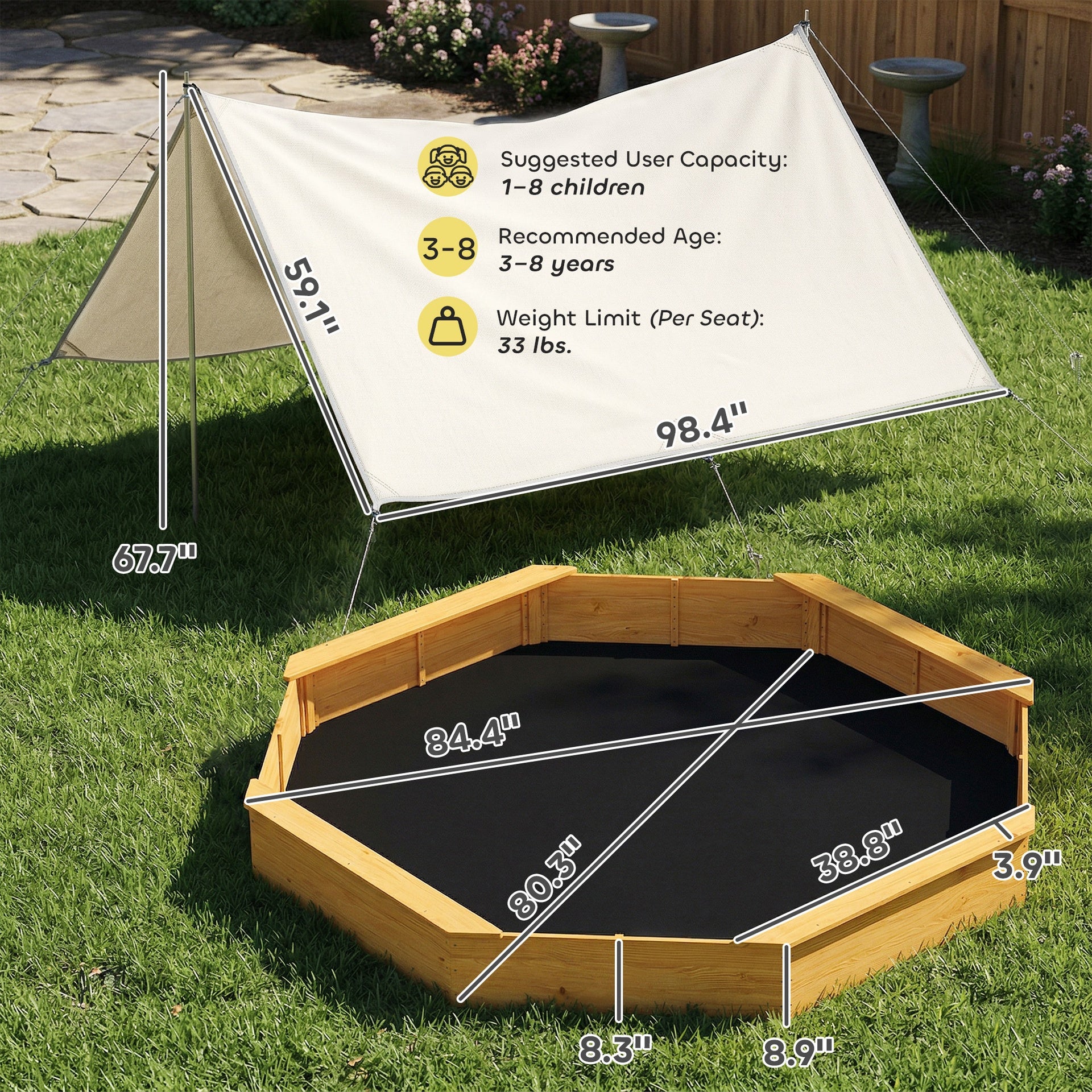 Qaba Wooden Sandbox with Large Canopy, Outdoor Sand Box with 4 Bench Seats, Bottom Liner for 8 Kids Aged 3-8, Yellow