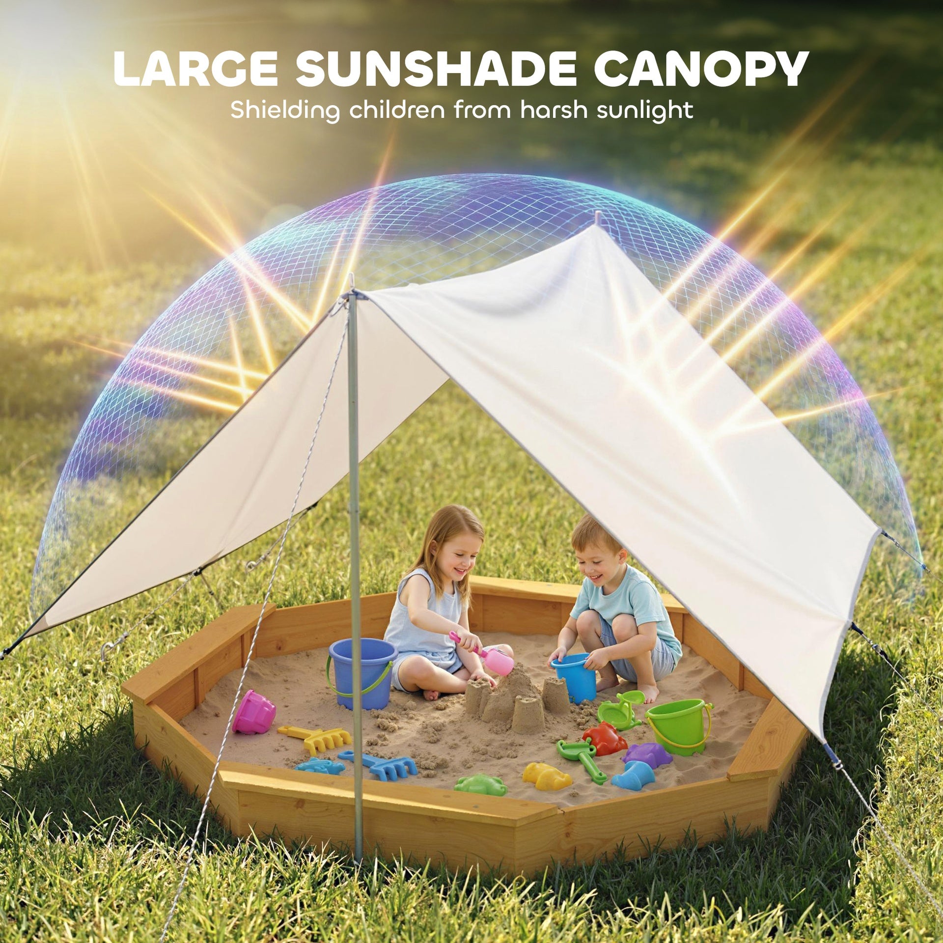 Qaba Wooden Sandbox with Large Canopy, Outdoor Sand Box with 4 Bench Seats, Bottom Liner for 8 Kids Aged 3-8, Yellow