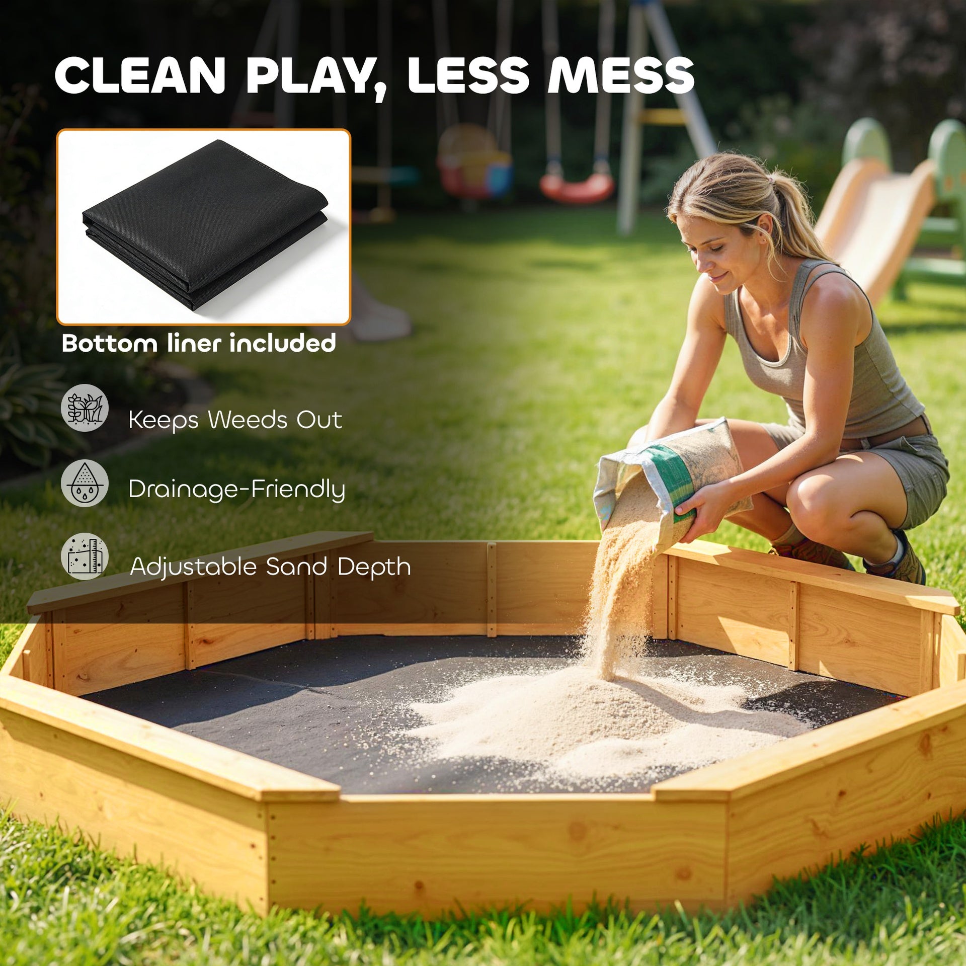 Qaba Wooden Sandbox with Large Canopy, Outdoor Sand Box with 4 Bench Seats, Bottom Liner for 8 Kids Aged 3-8, Yellow