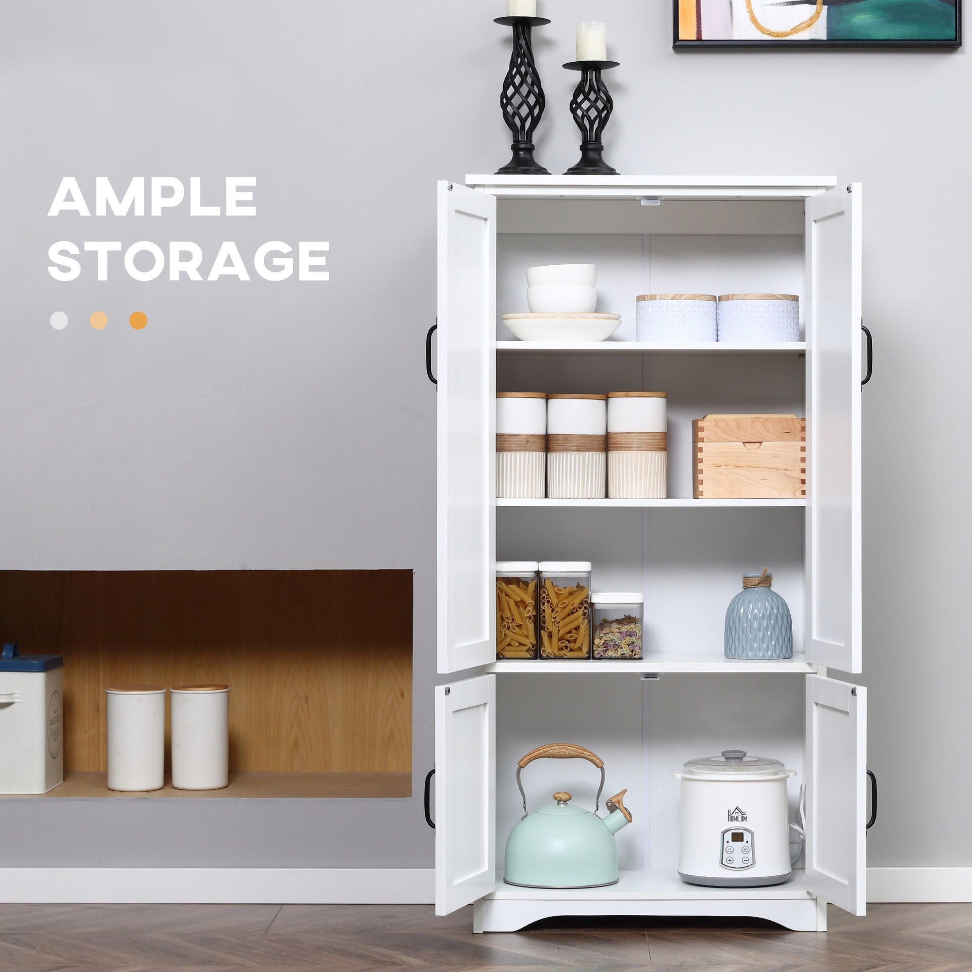 HOMCOM Accent Floor Storage Cabinet Kitchen Pantry with Adjustable Shelves and 2 Lower Doors, White